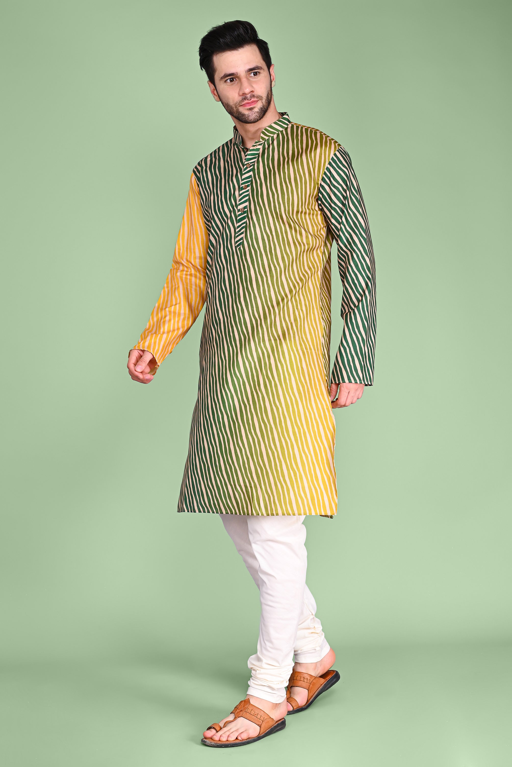 Green And Yellow Leheriya Handblock Printed Kurta And Churidar Set Vesham Retails