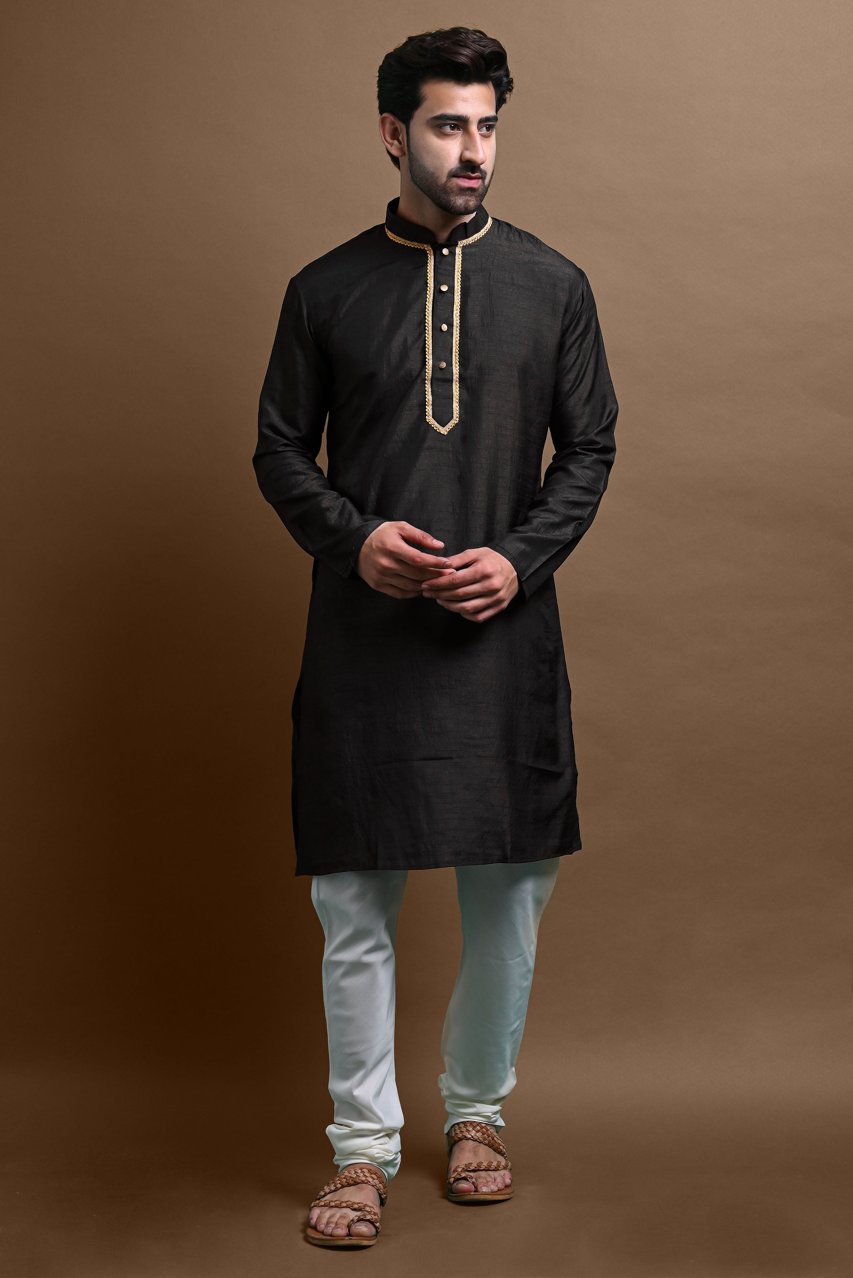 Black Embellished Kurta With Pajama Set for Men Vesham Retails