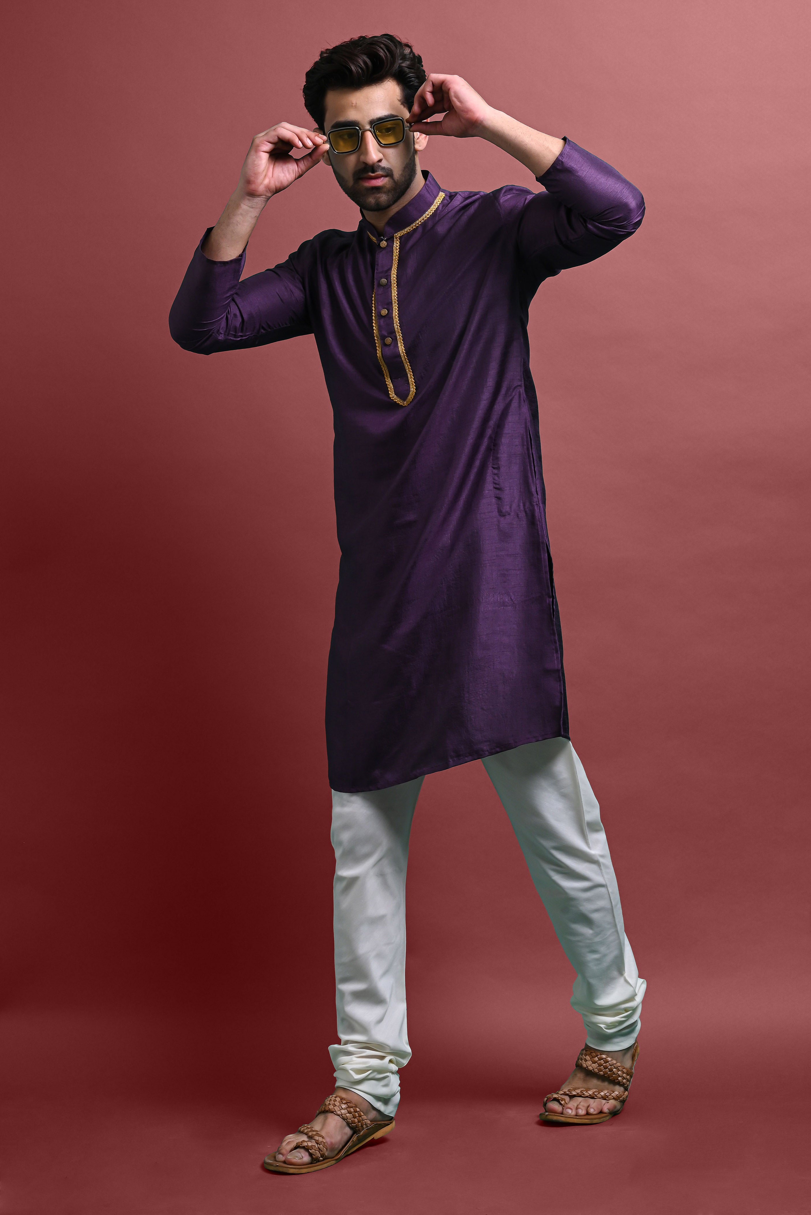 Purple Embellished Kurta With Pajama Set for Men Vesham Retails