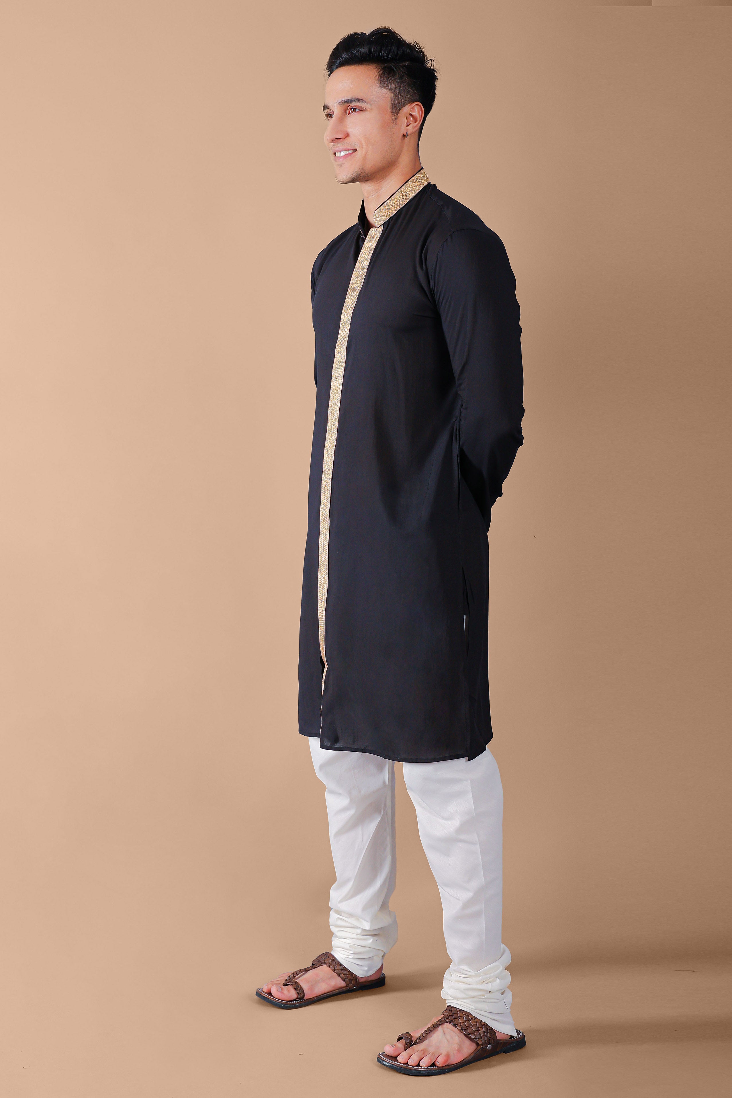 Black Embellished Kurta With Pajama Set for Men Vesham Retails