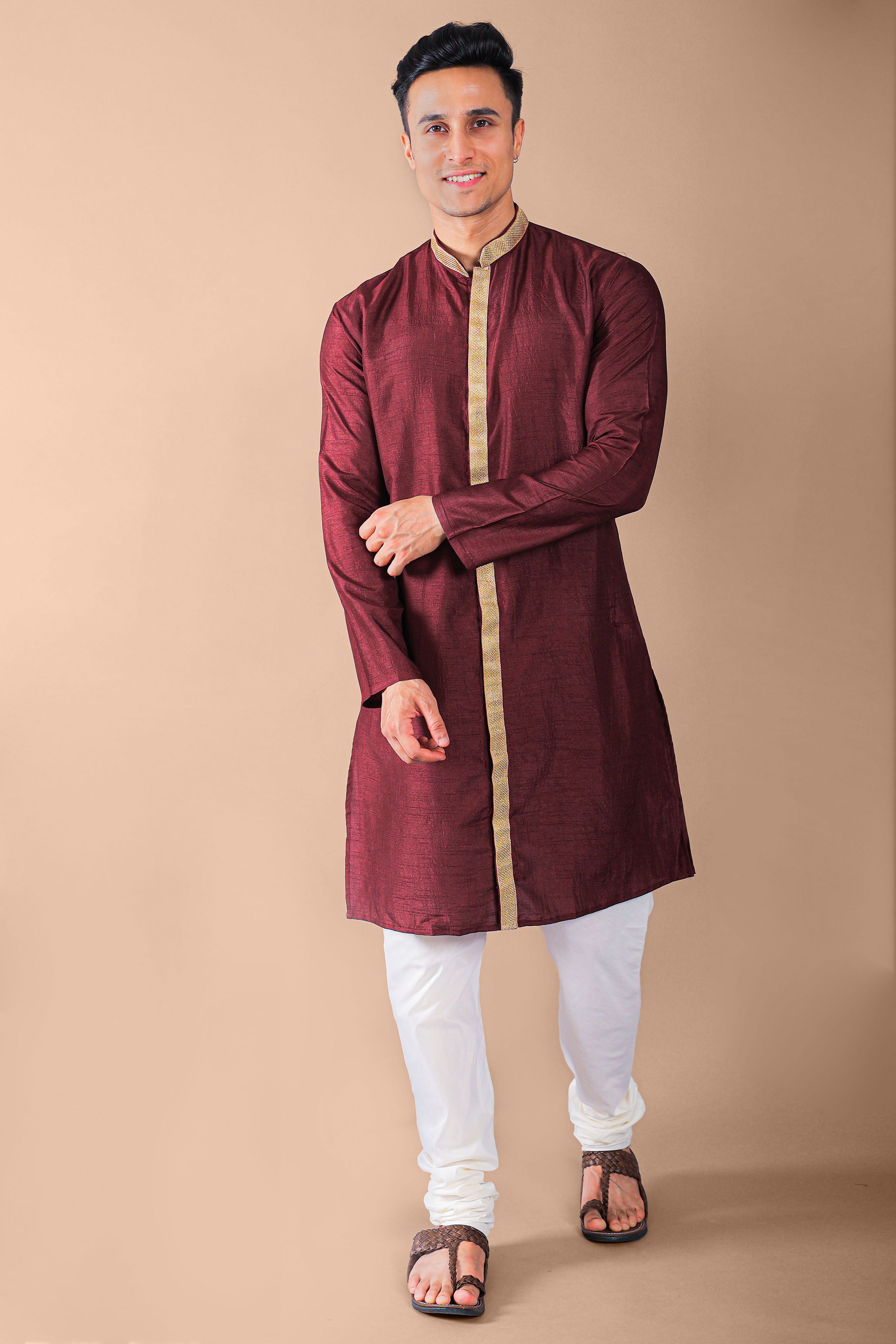 Brown Embellished Kurta With Pajama Set for Men Vesham Retails