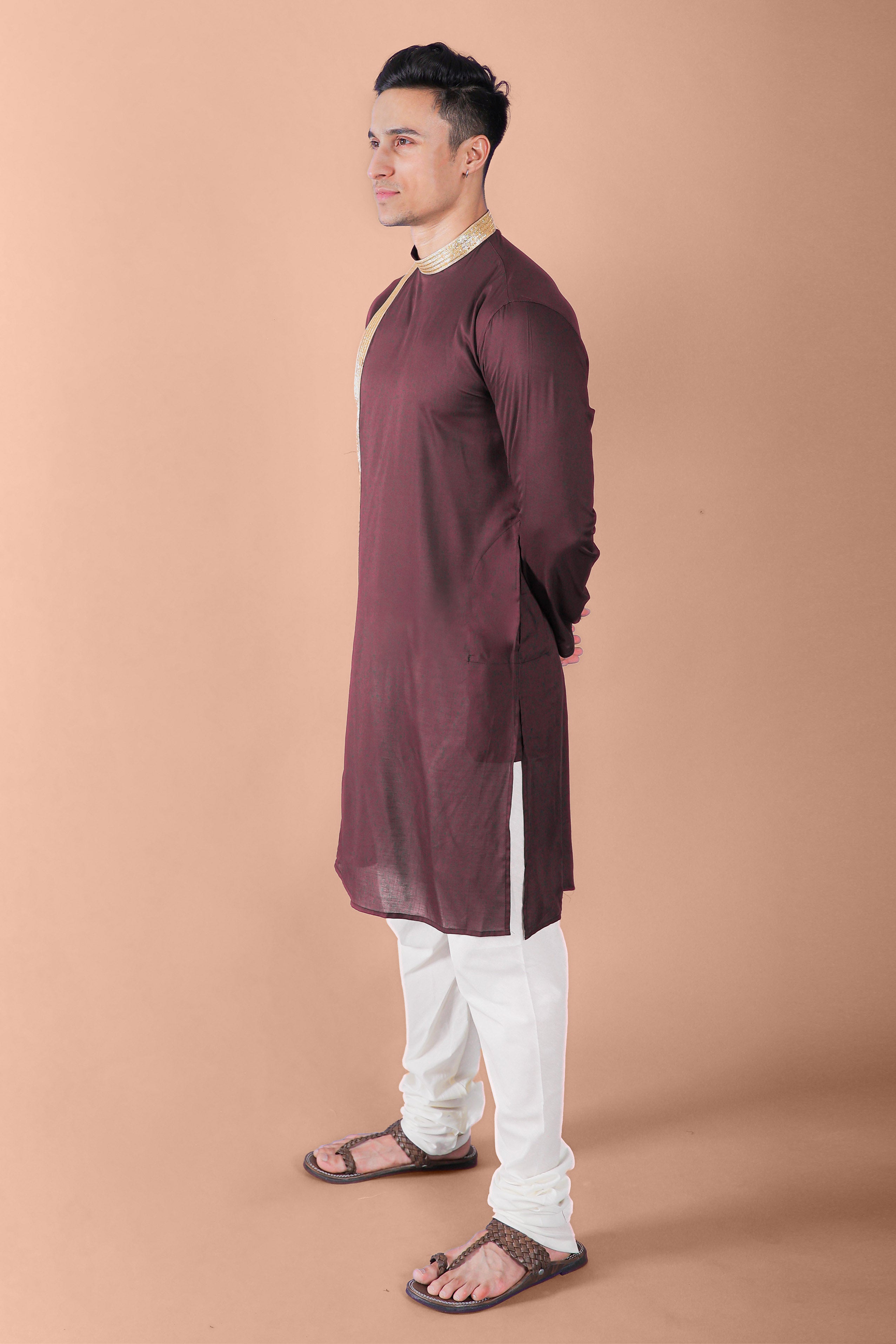 Brown Embellished Kurta With Pajama Set for Men Vesham Retails