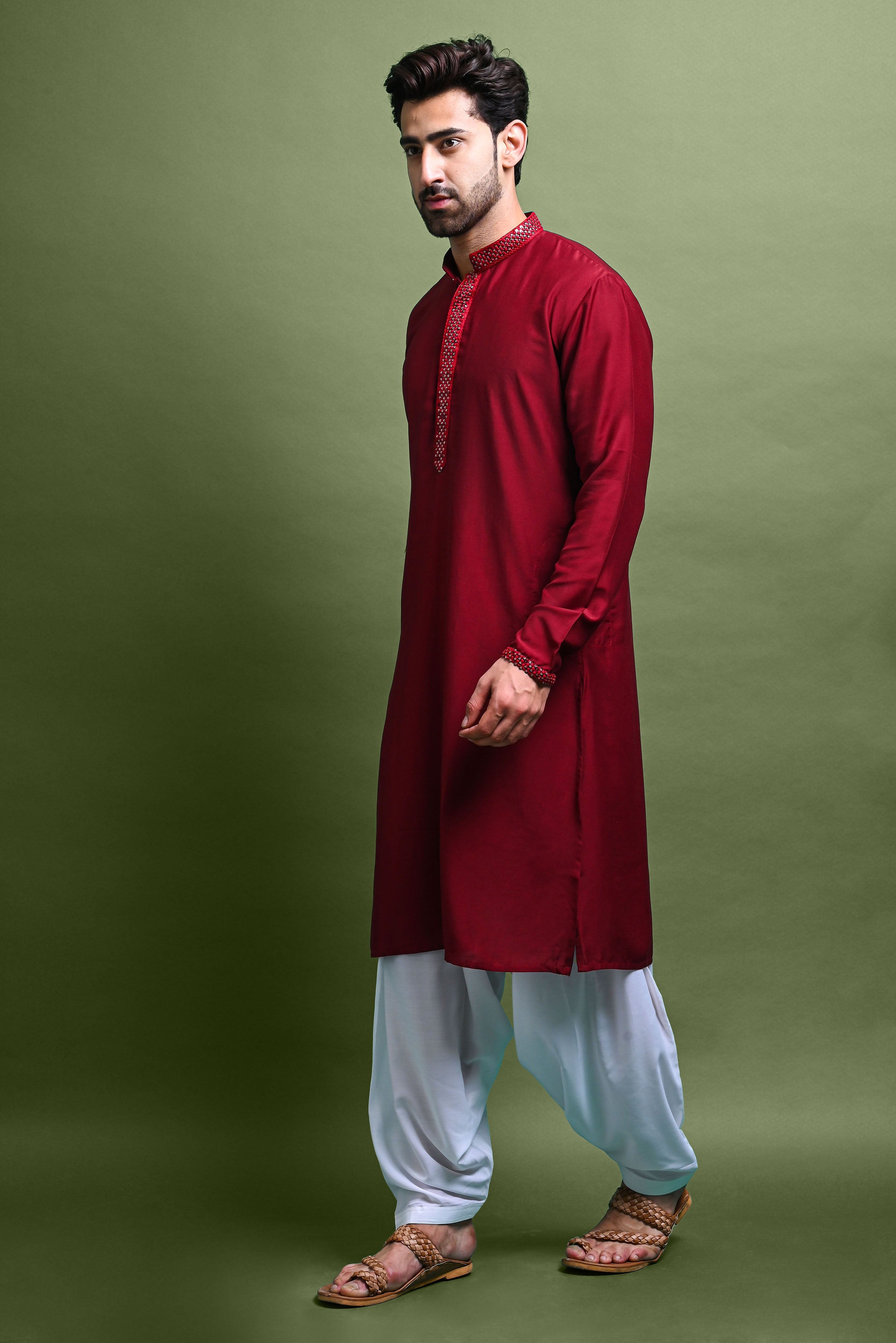 Maroon Embellished Kurta With Patiyala Set for Men Vesham Retails