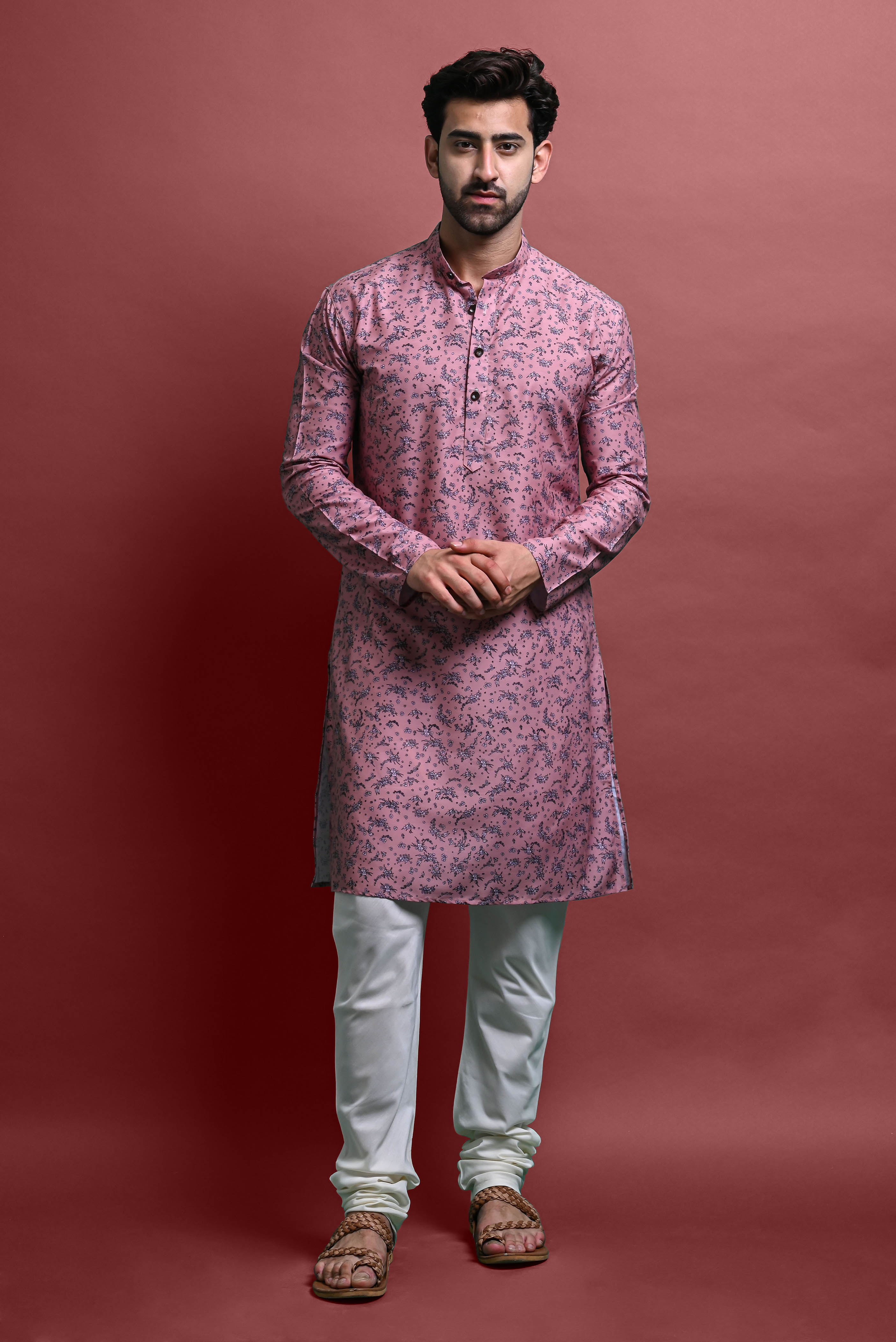 Pink Mens Printed Kurta Churidar For Men Vesham Retails