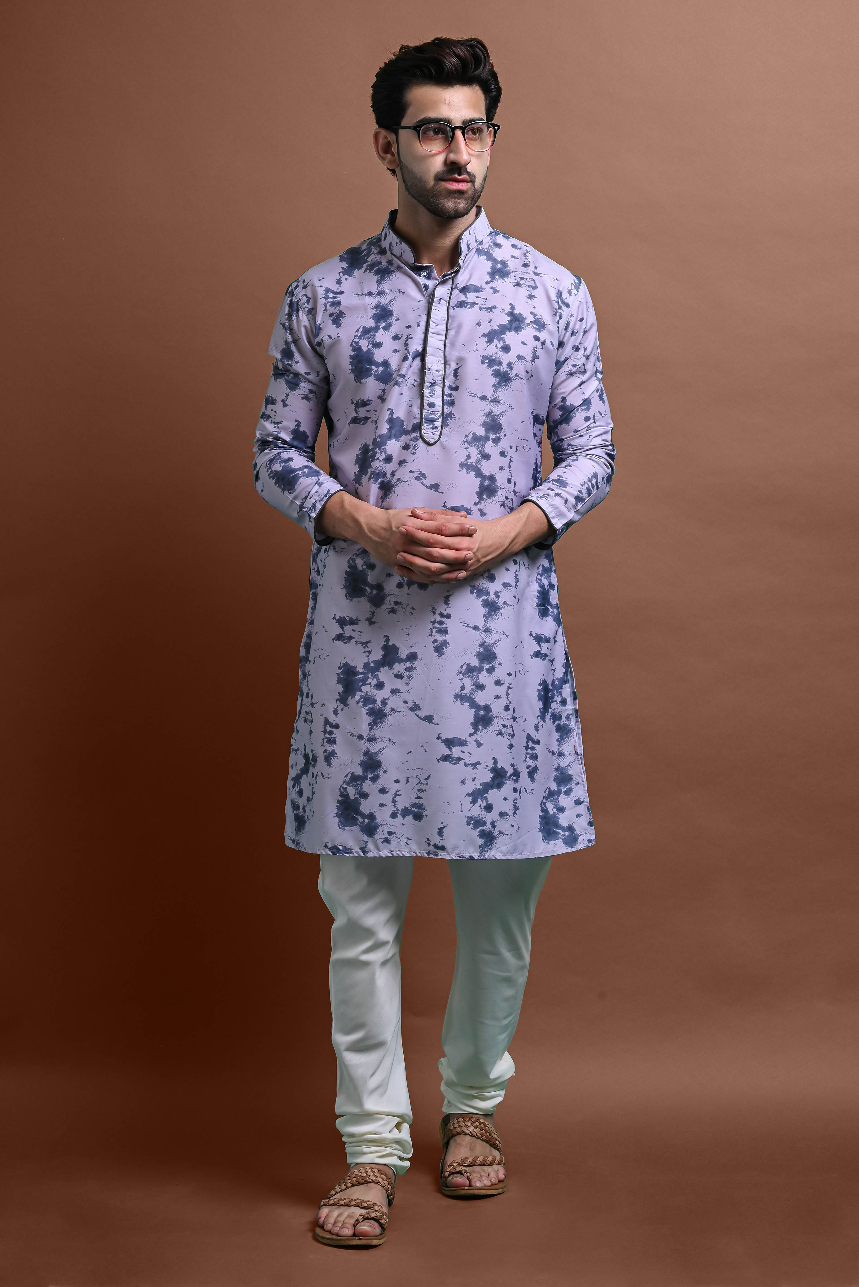 Grey Mens Printed Kurta Churidar For Men Vesham Retails