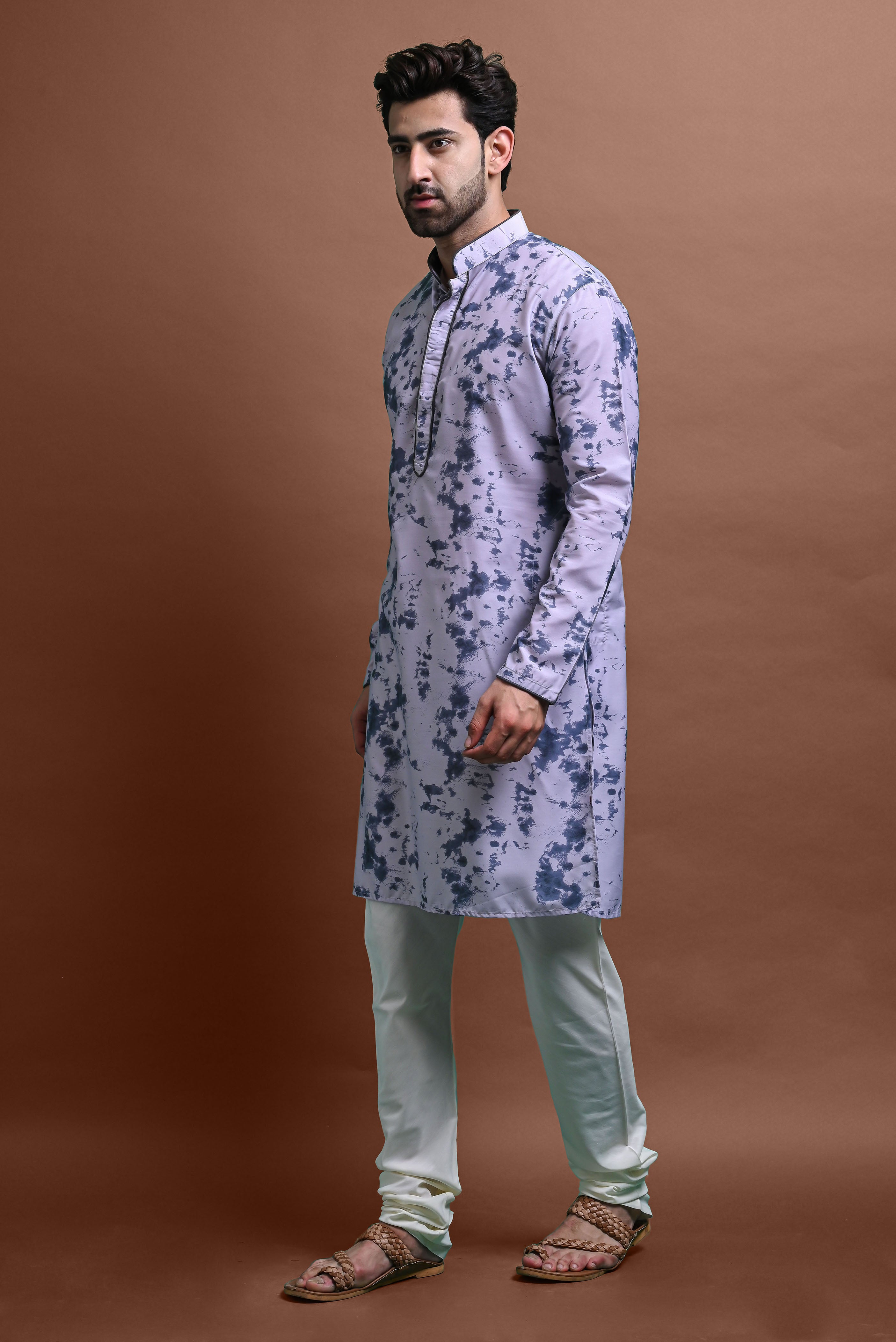 Grey Mens Printed Kurta Churidar For Men Vesham Retails