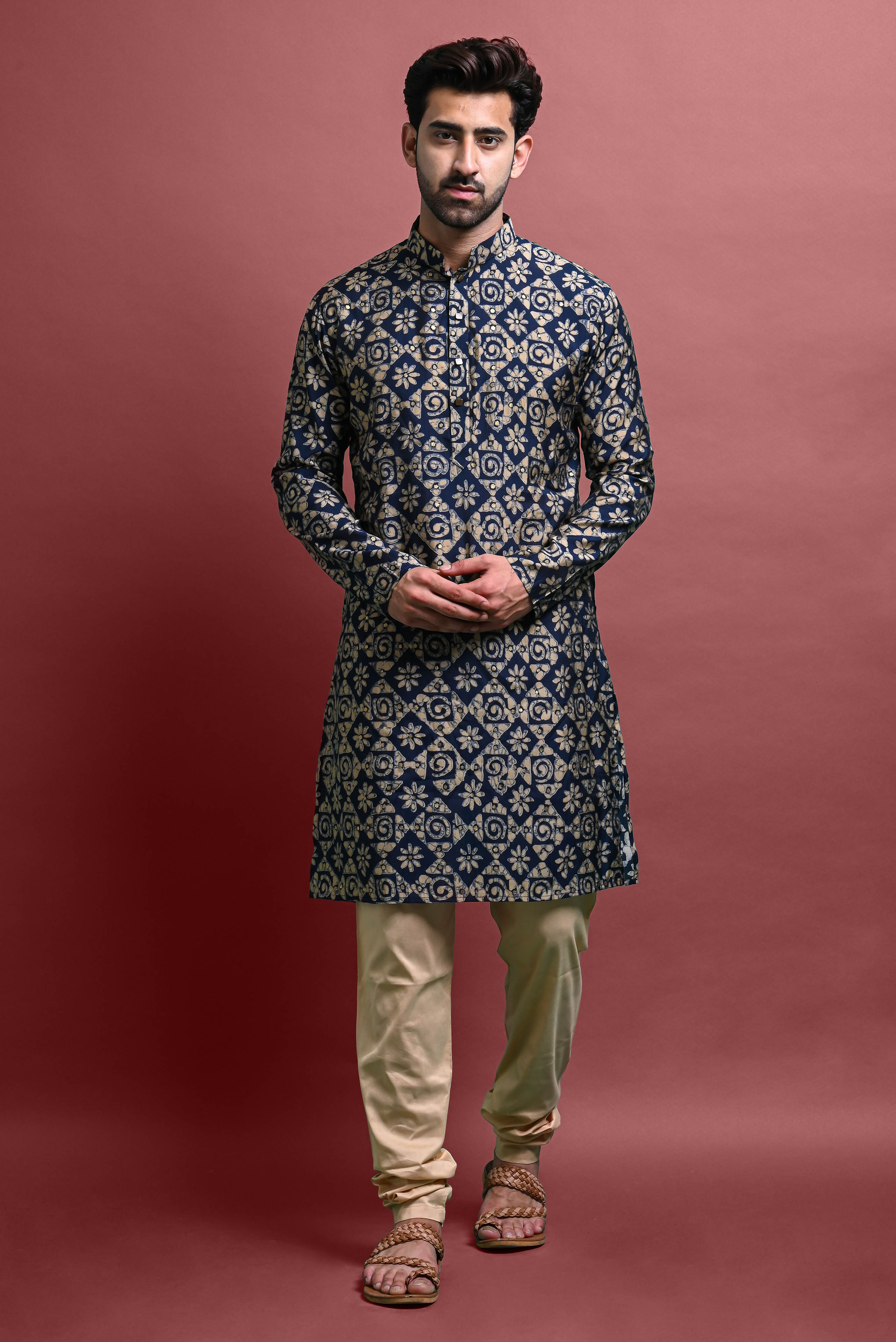 Blue Mens Printed Kurta Churidar For Men Vesham Retails