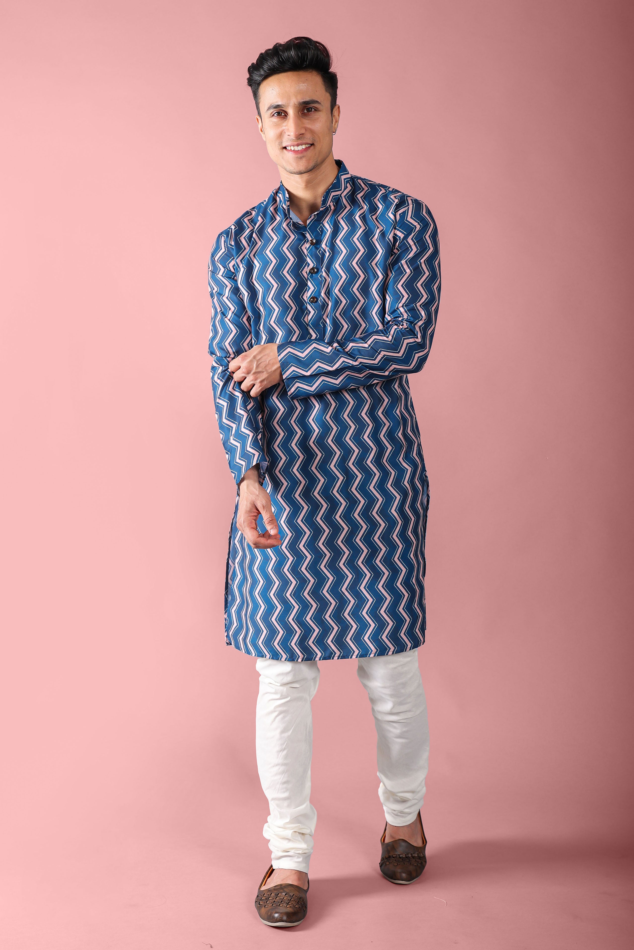 Blue Mens Printed Kurta Churidar For Men Vesham Retails