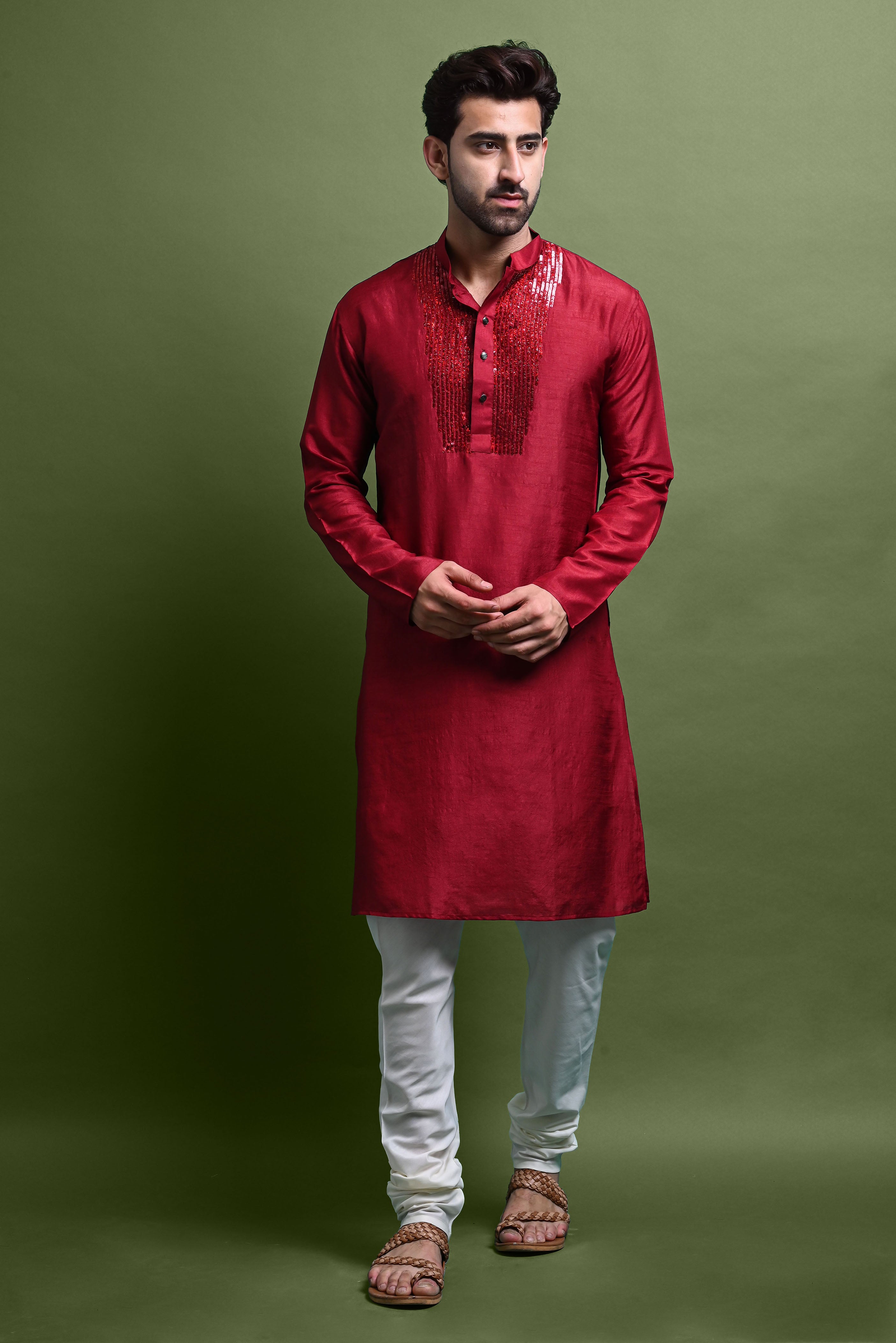 Maroon Embroidered Kurta With Churidar Set For Men Vesham Retails