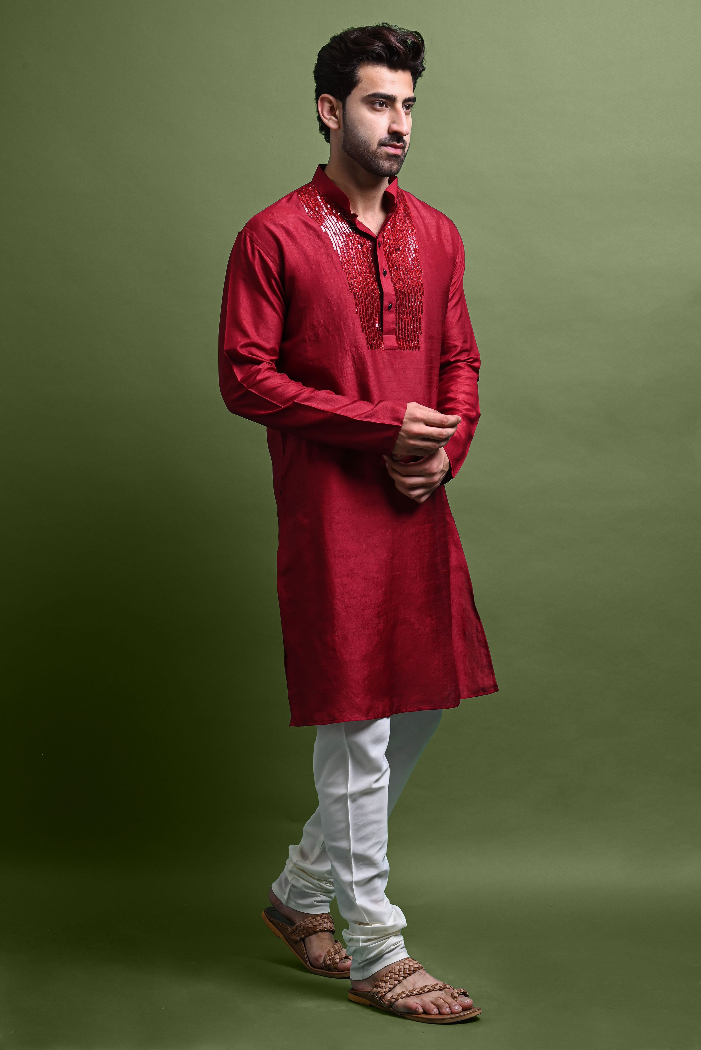 Maroon Embroidered Kurta With Churidar Set For Men Vesham Retails