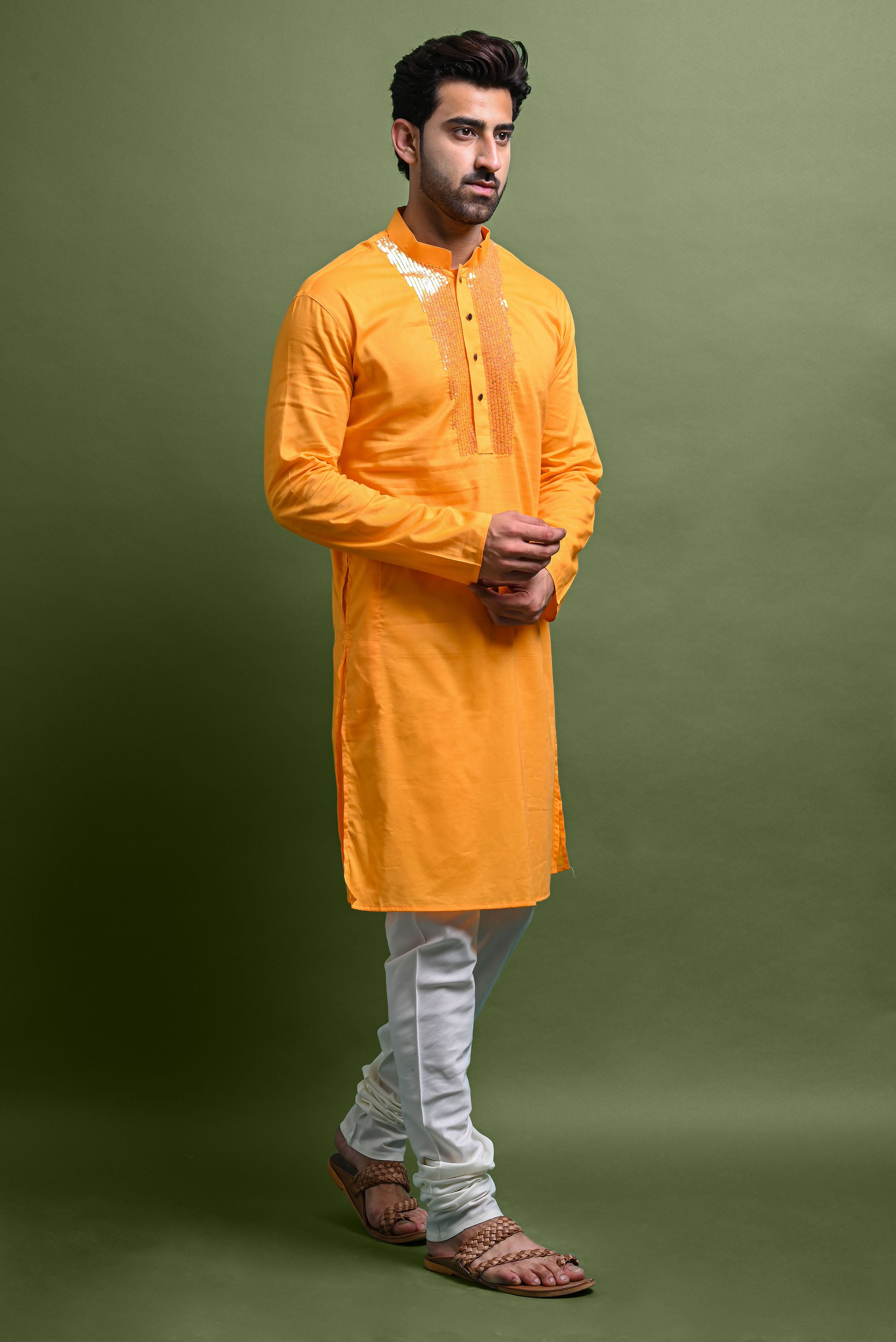 Yellow Embroidered Kurta With Churidar Set For Men Vesham Retails