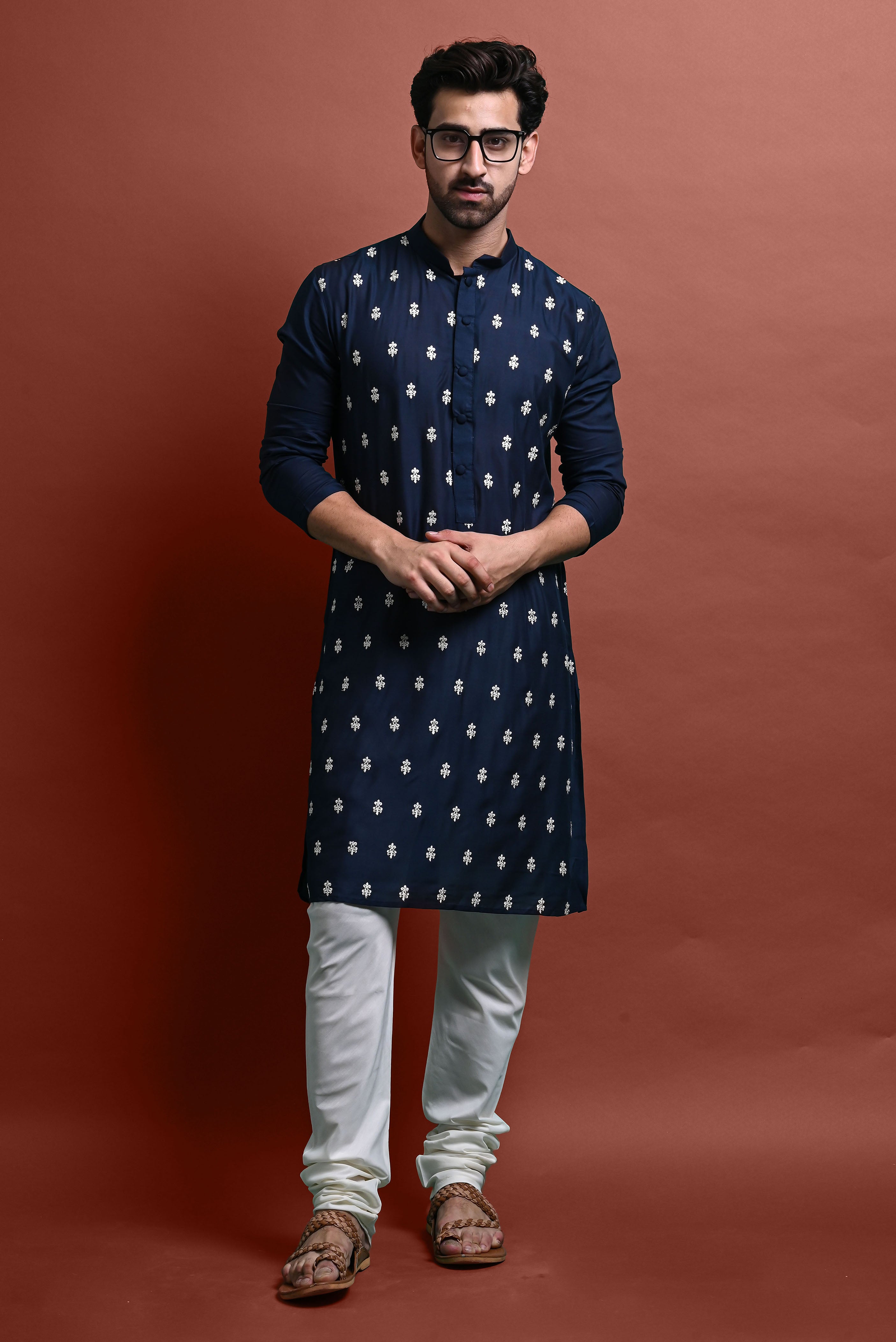 Blue Embroidered Kurta With Churidar Set For Men Vesham Retails