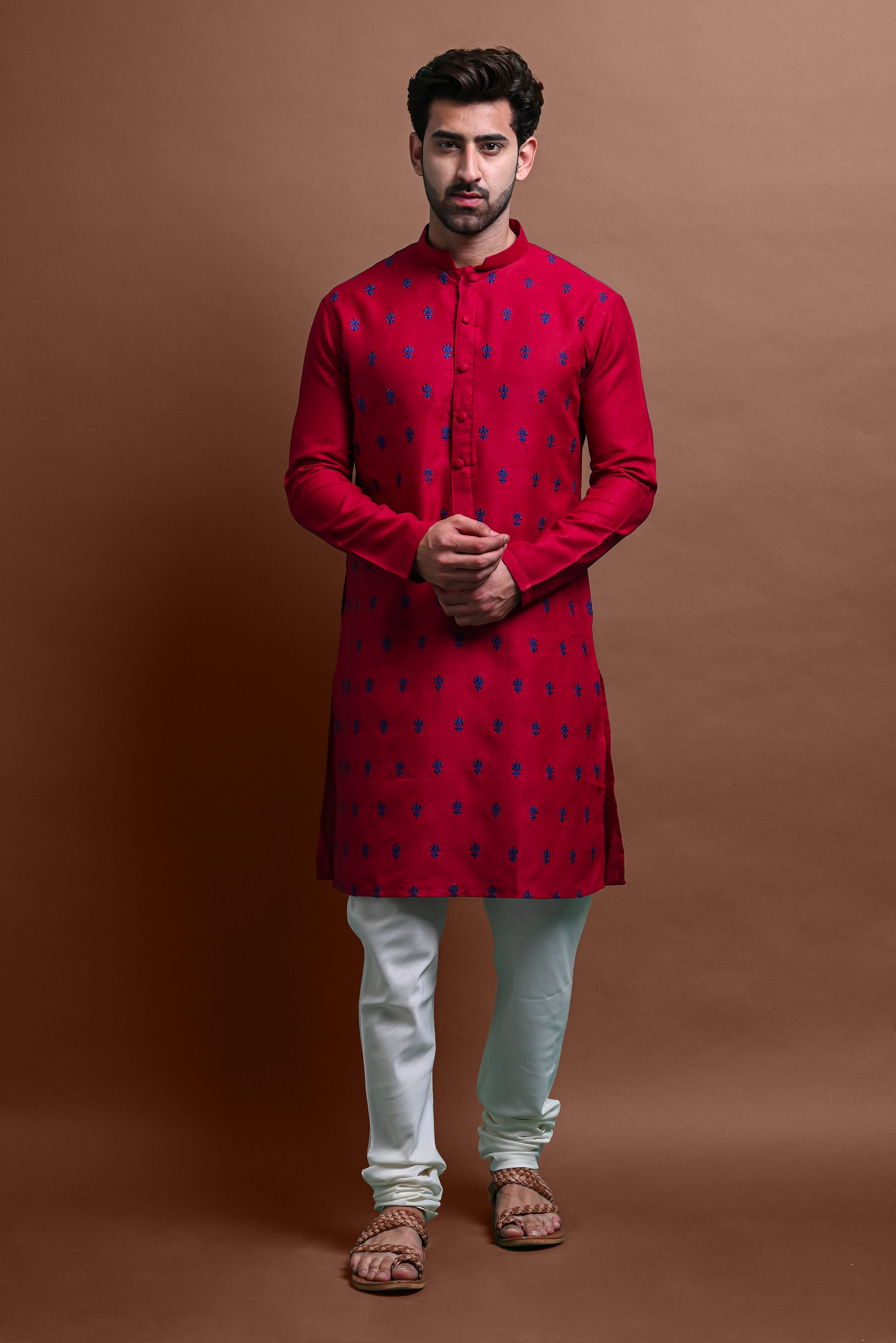 Red Embroidered Kurta With Churidar Set For Men Vesham Retails