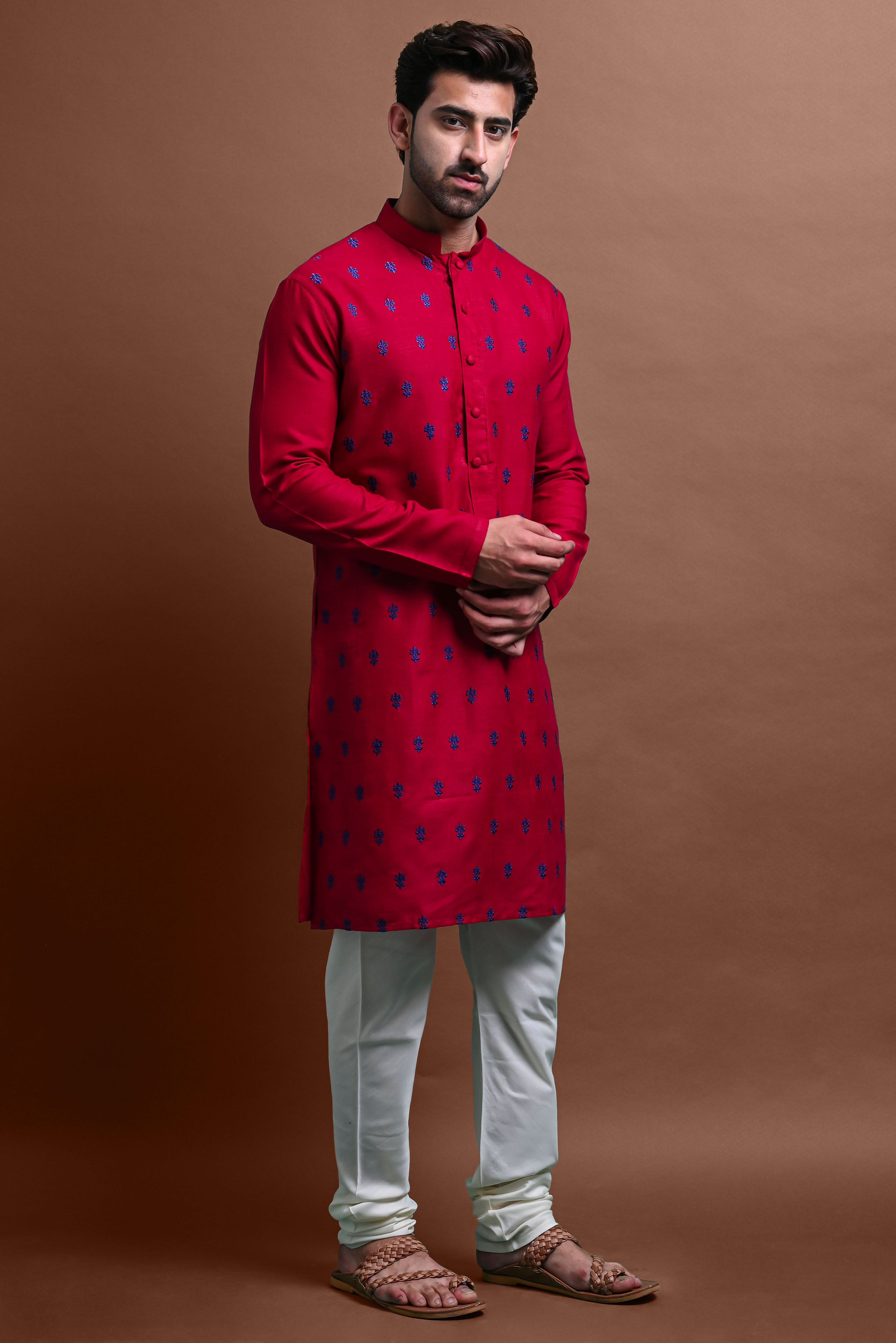 Red Embroidered Kurta With Churidar Set For Men Vesham Retails