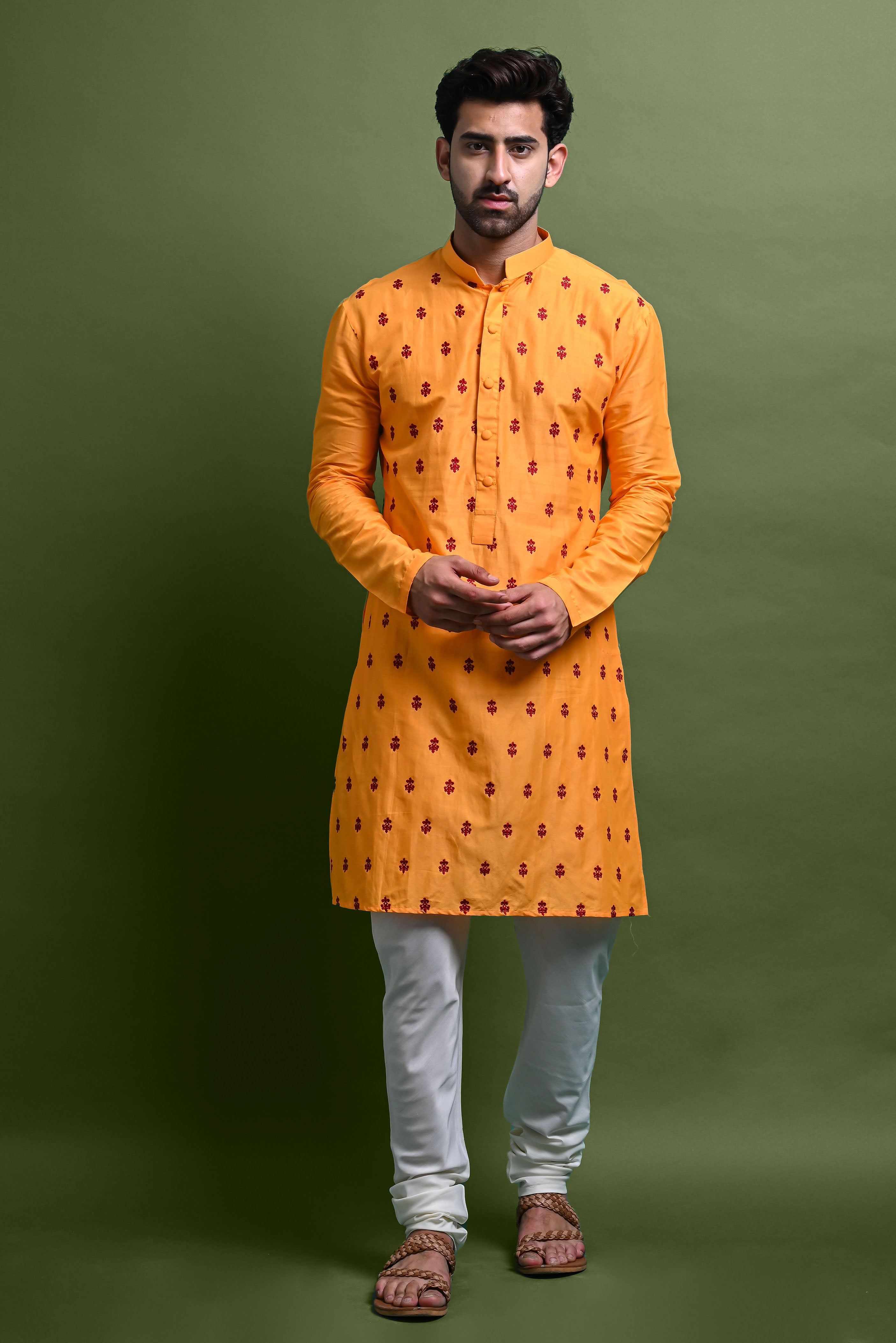 Yellow Embroidered Kurta With Churidar Set For Men Vesham Retails