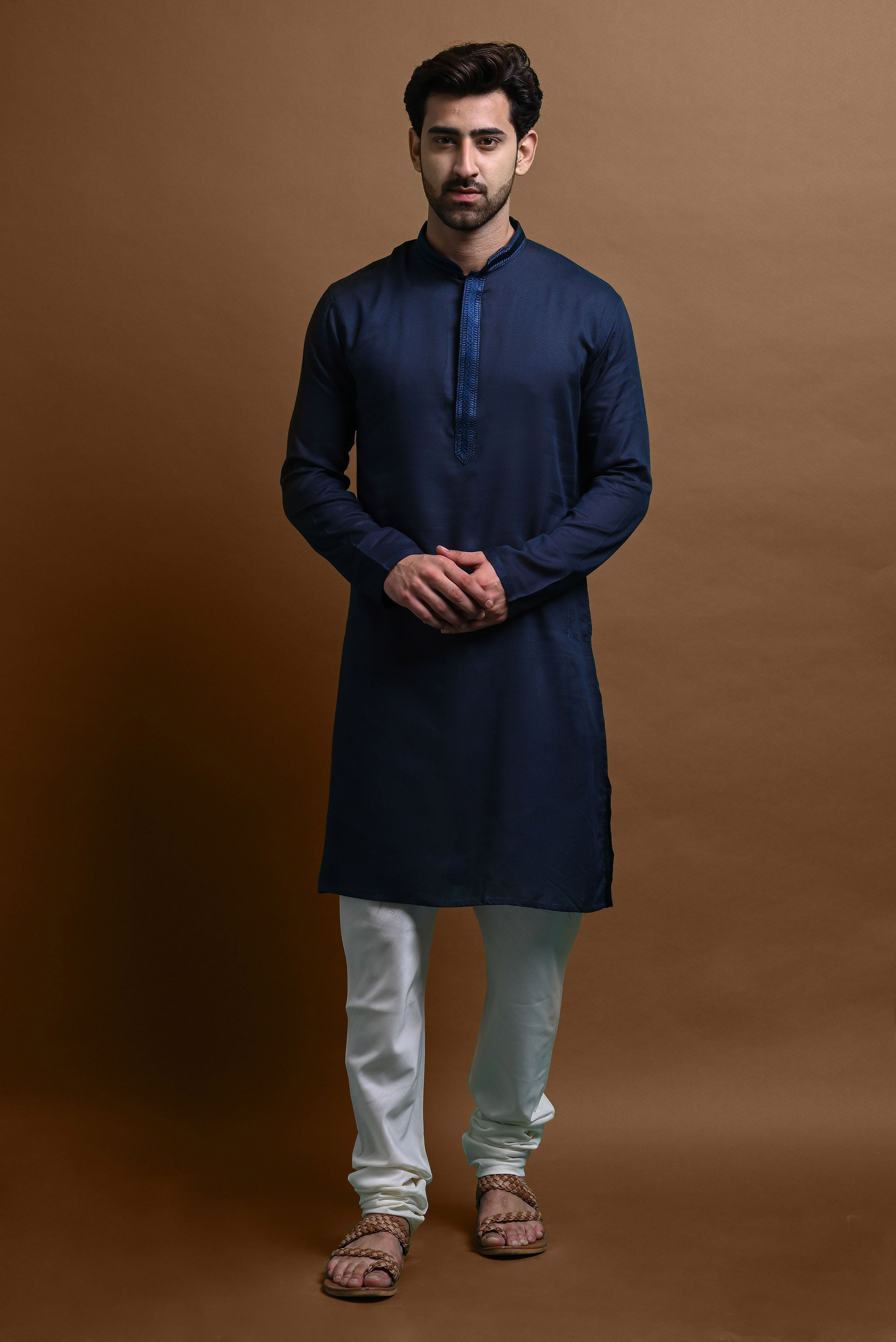 Blue Embroidered Kurta With Churidar Set For Men Vesham Retails