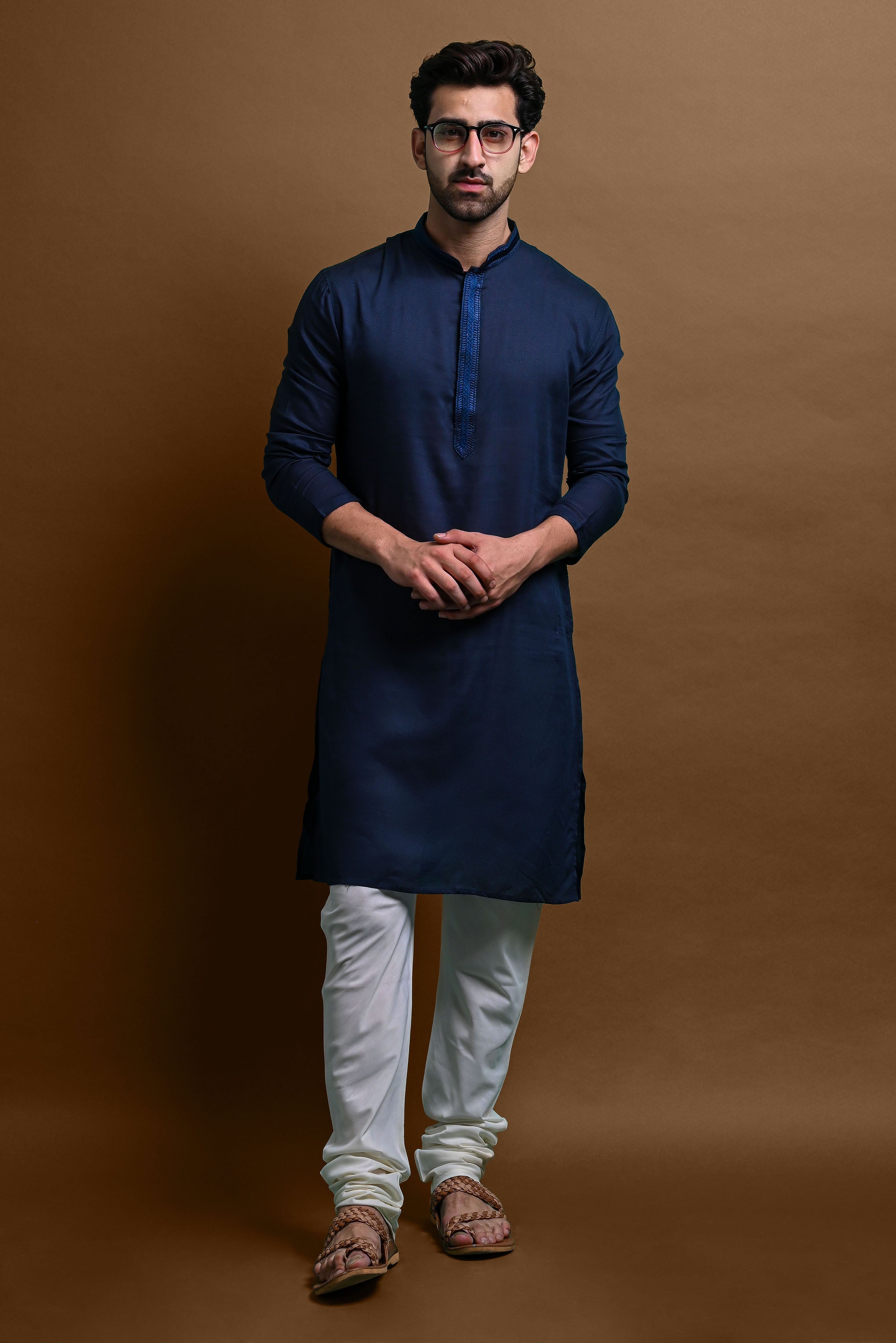 Blue Embroidered Kurta With Churidar Set For Men Vesham Retails