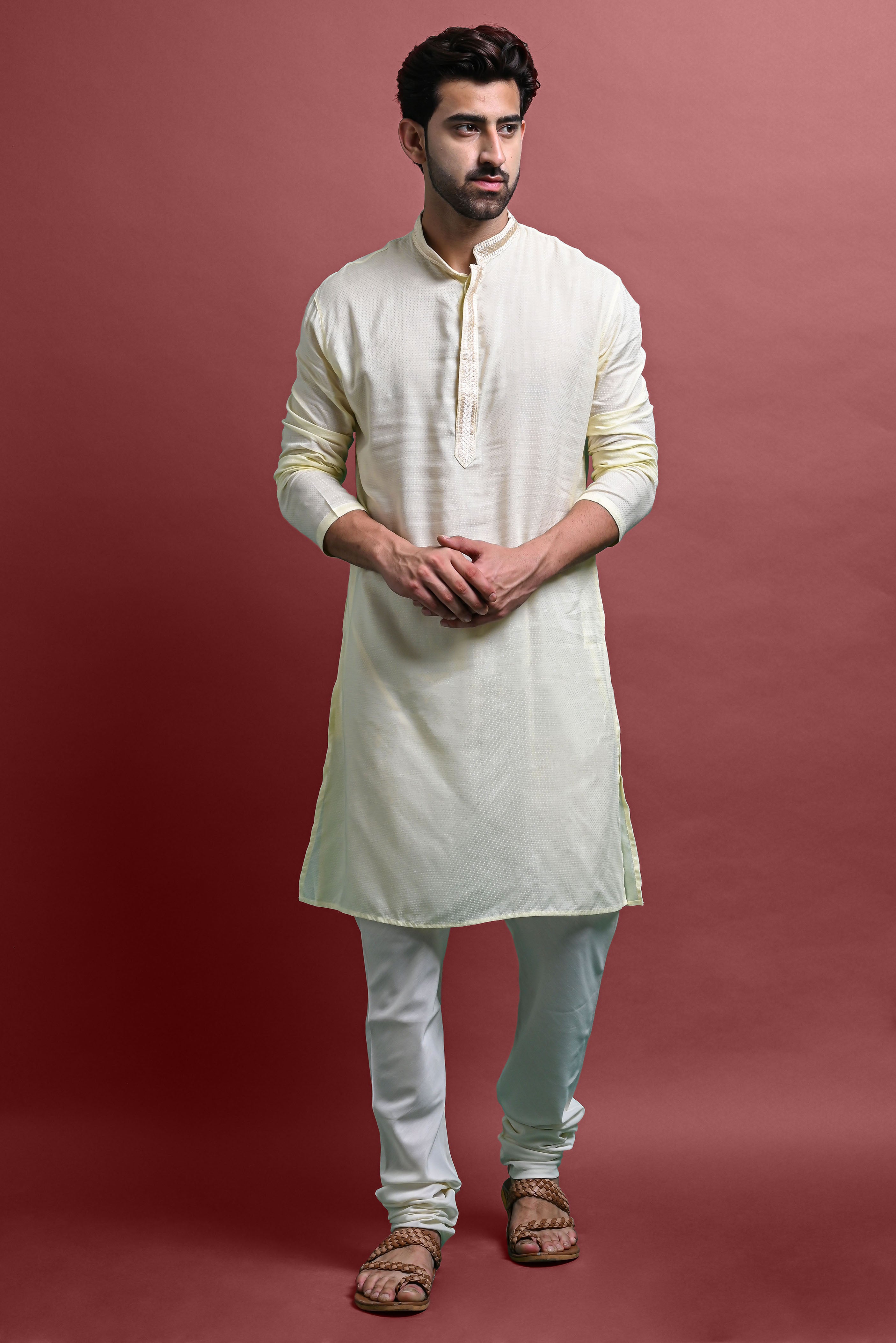 Cream Embroidered Kurta With Churidar Set For Men Vesham Retails