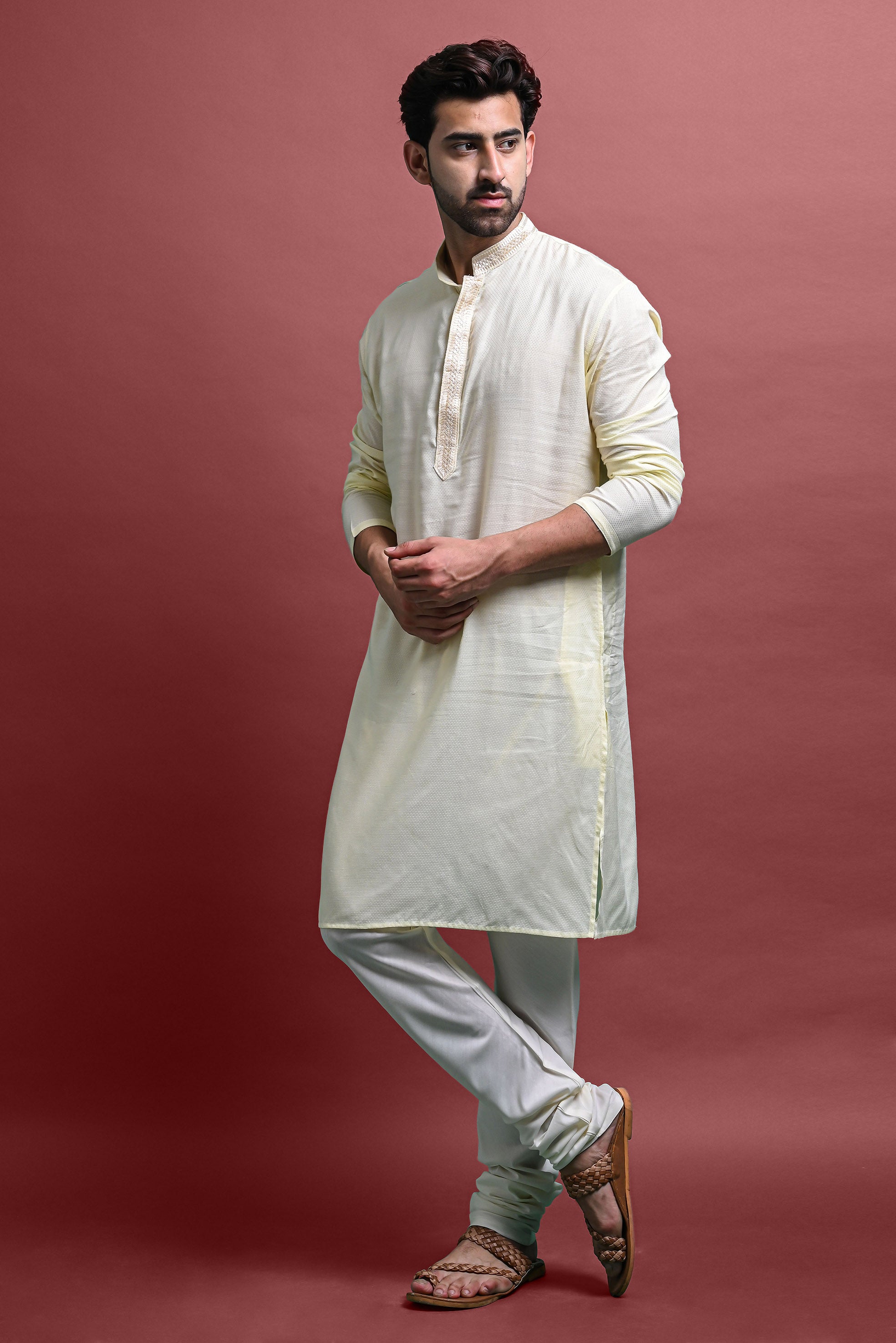 Cream Embroidered Kurta With Churidar Set For Men Vesham Retails