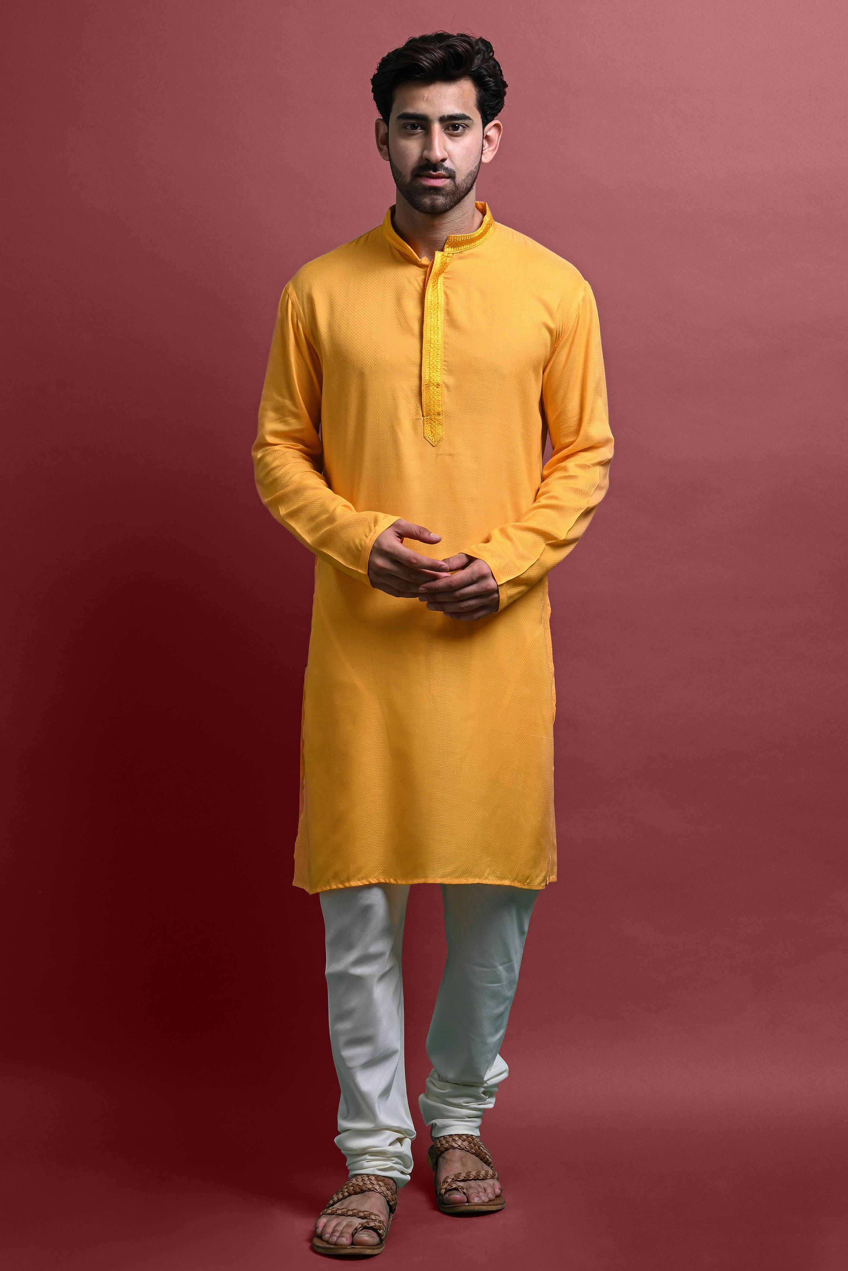 Yellow Embroidered Kurta With Churidar Set For Men Vesham Retails