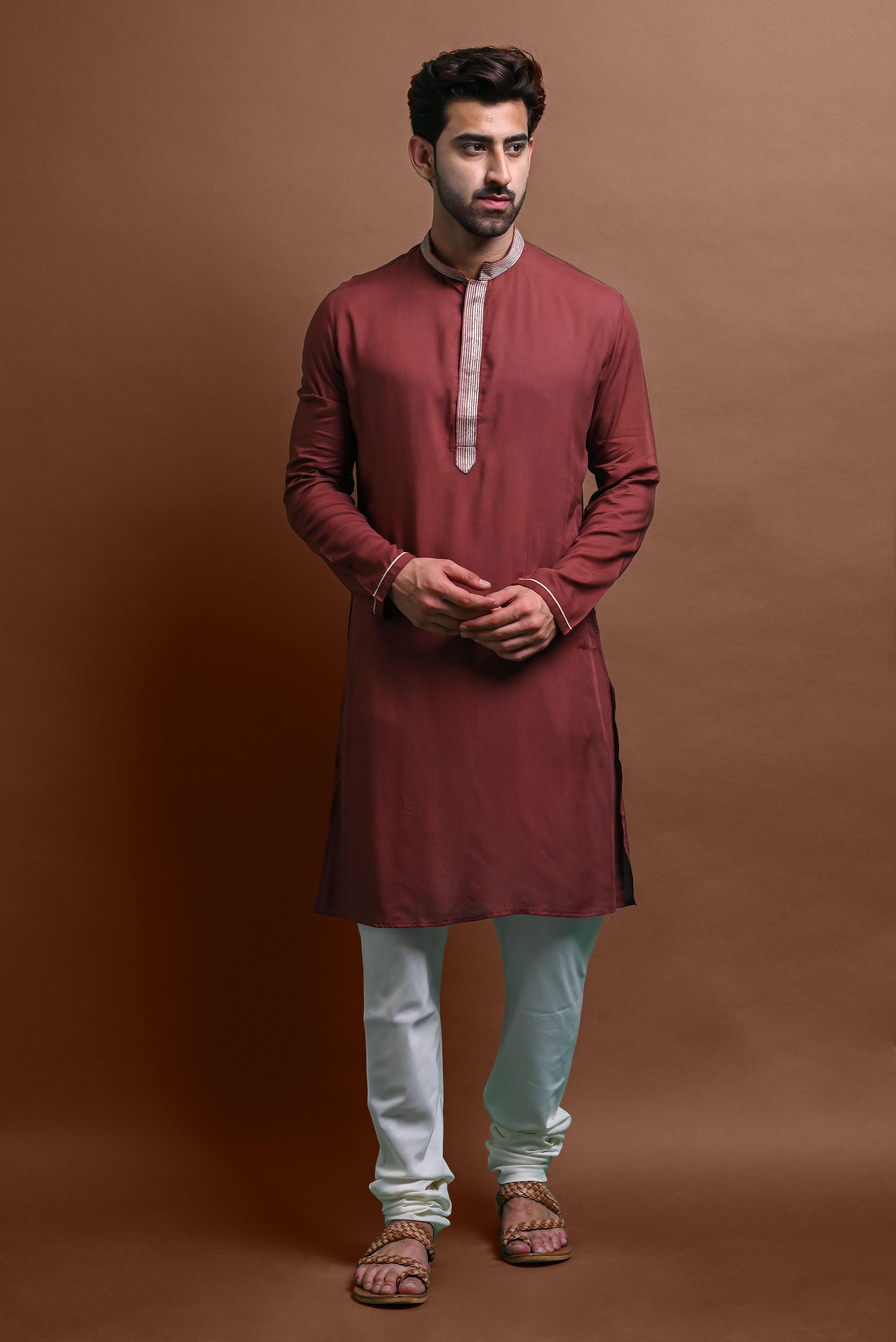 Brown Embroidered Kurta With Churidar Set For Men Vesham Retails