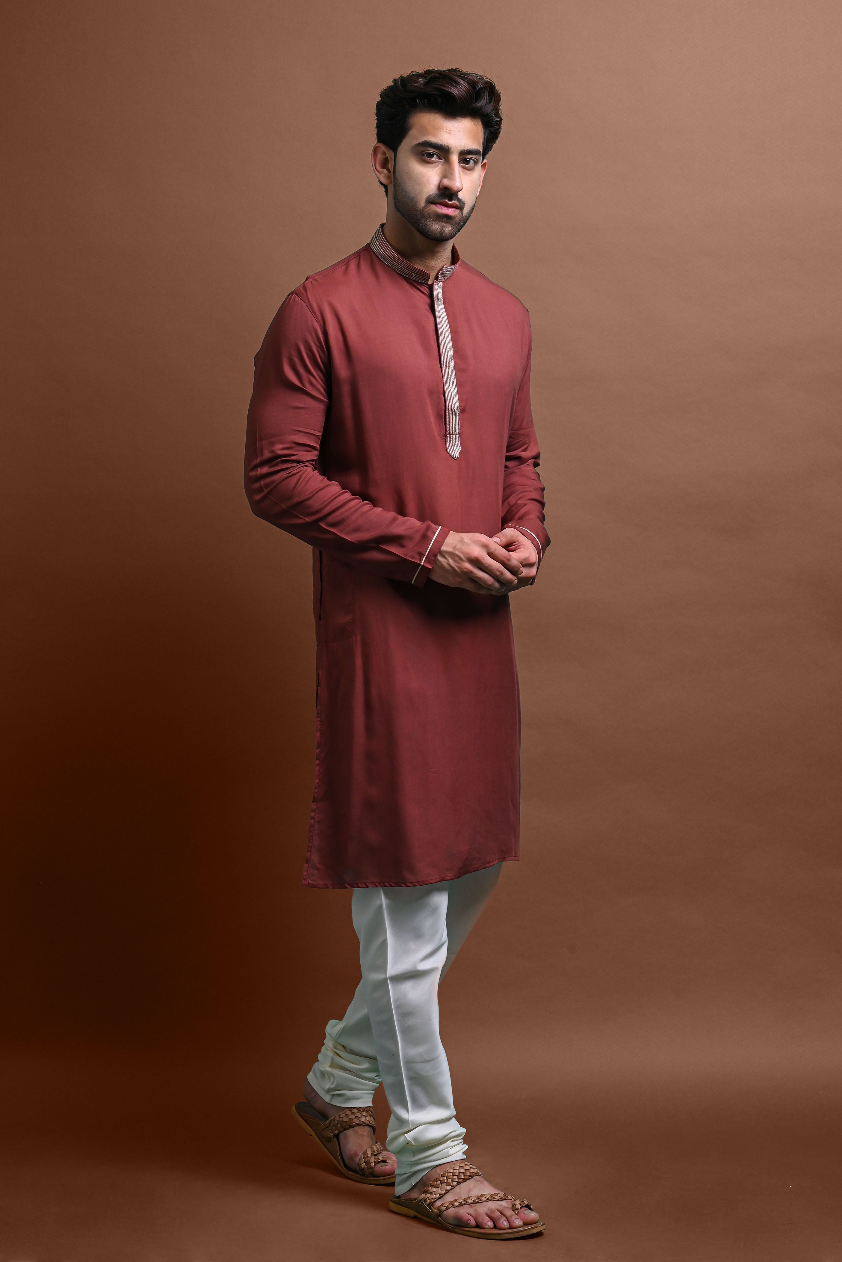 Brown Embroidered Kurta With Churidar Set For Men Vesham Retails