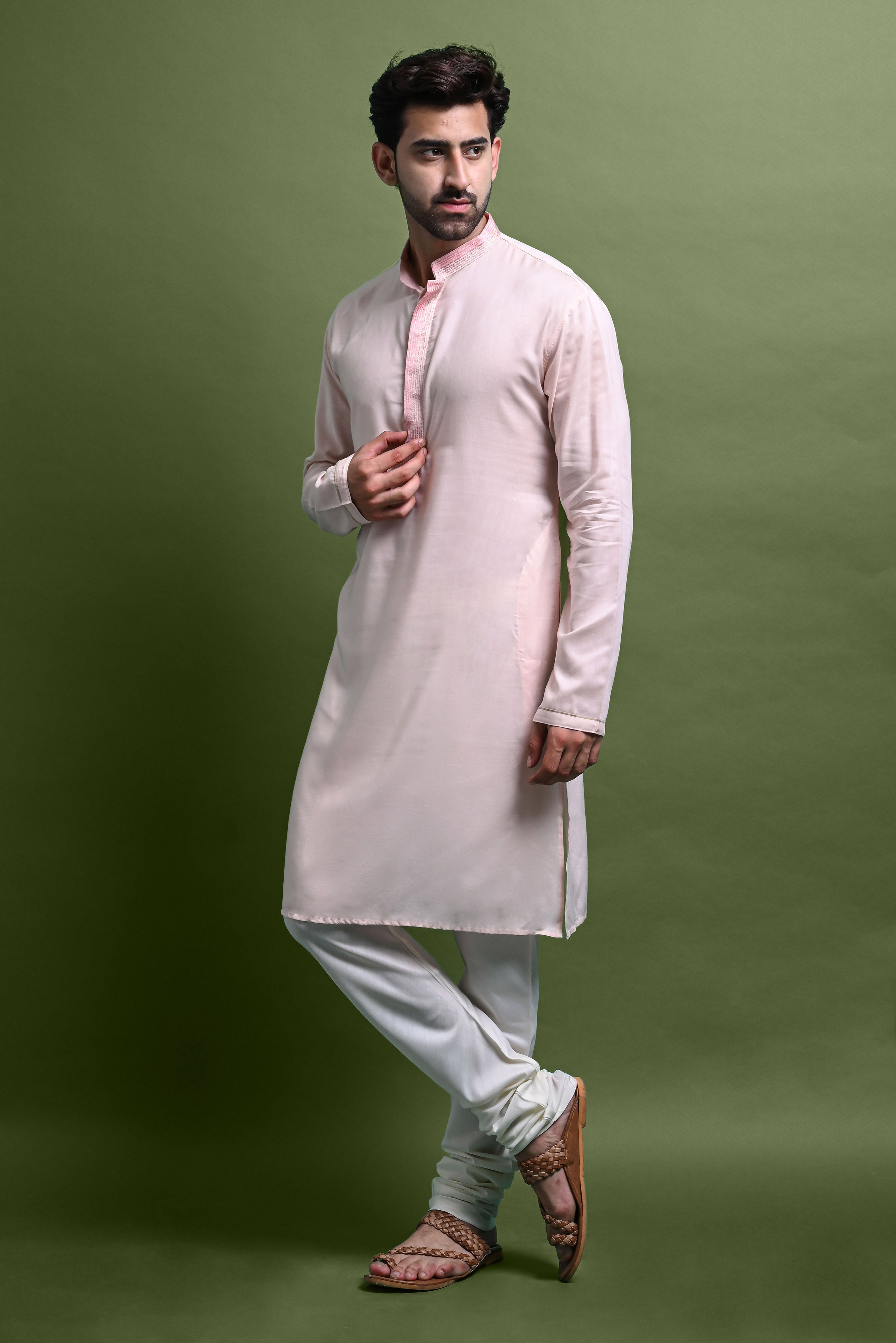 Pink Embroidered Kurta With Churidar Set For Men Vesham Retails