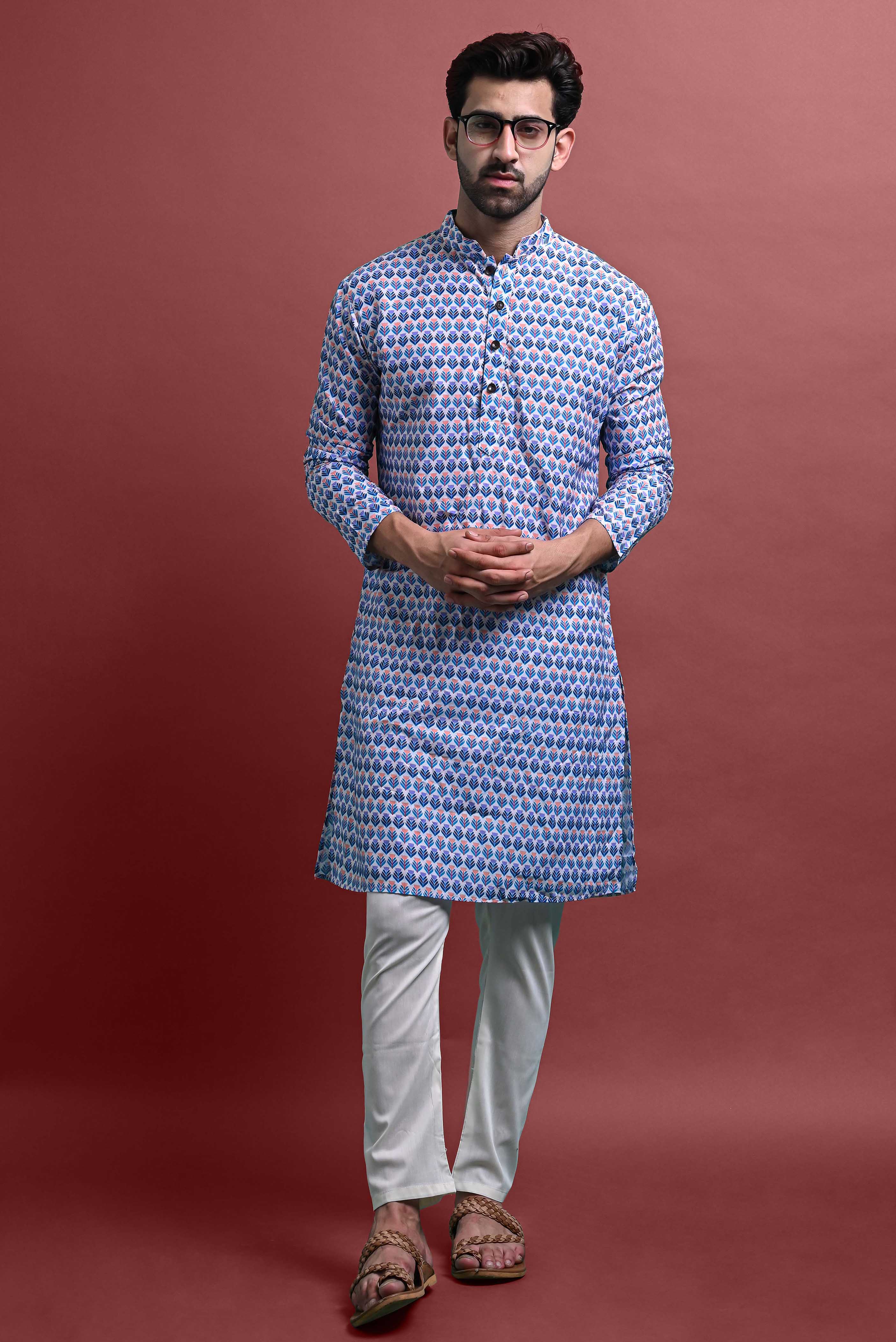 Blue Mens Printed Kurta Pajama For Men Vesham Retails