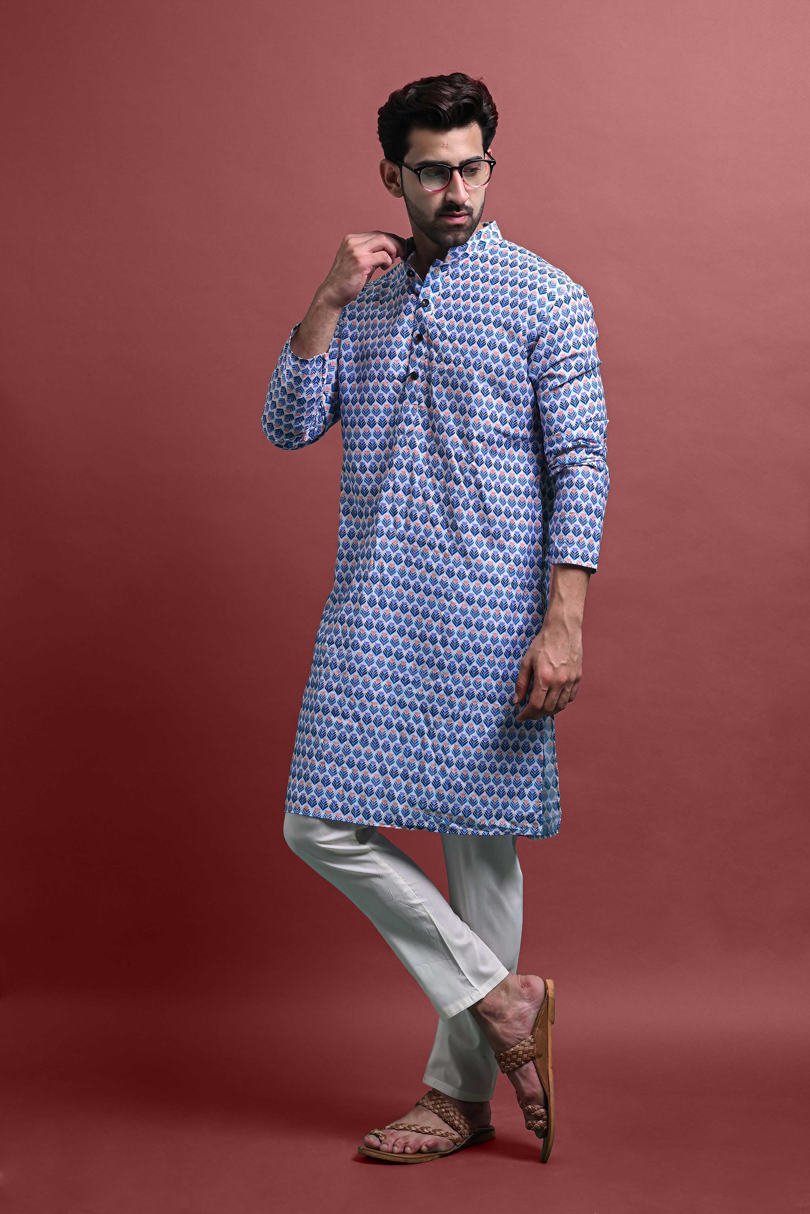 Blue Mens Printed Kurta Pajama For Men Vesham Retails