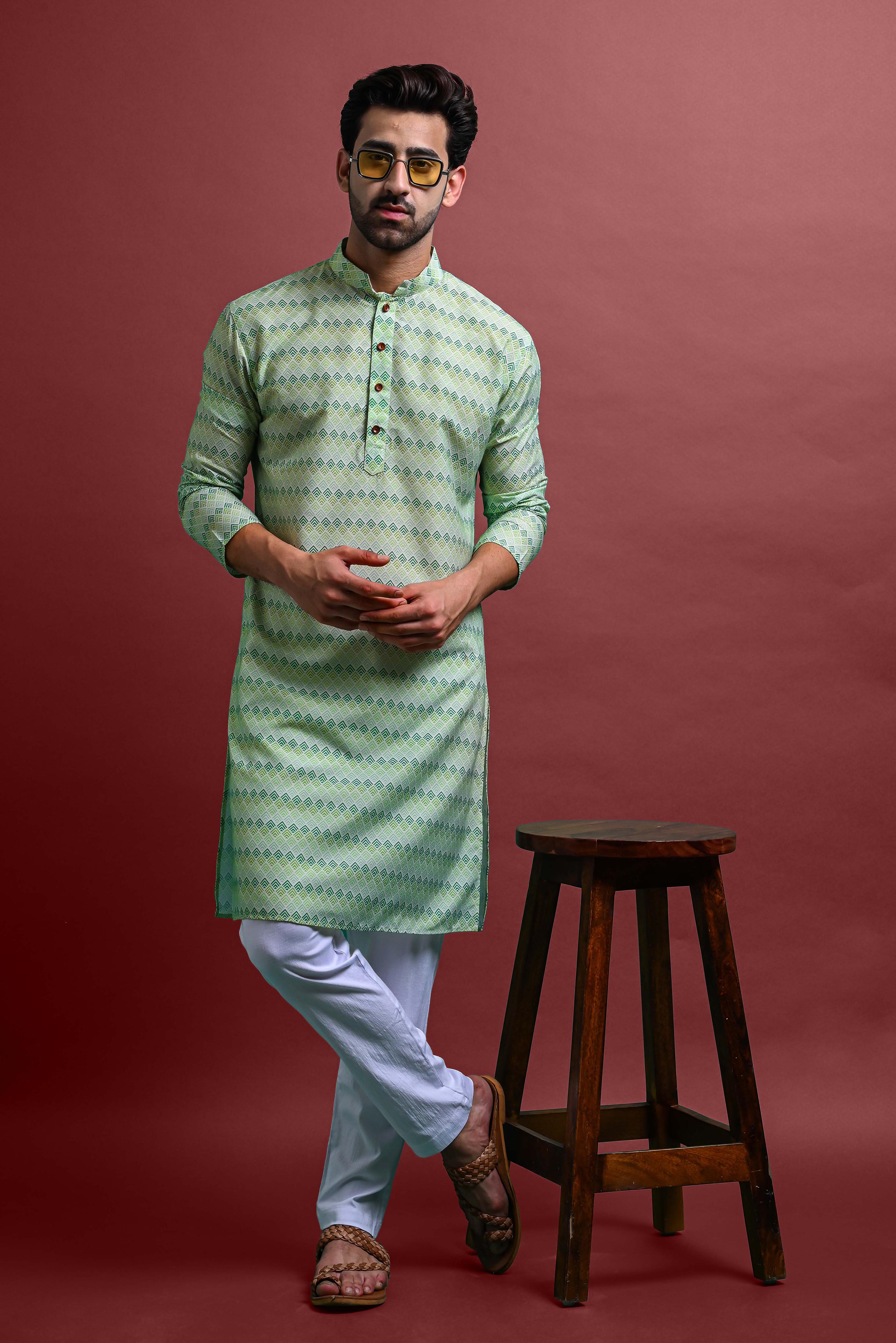 Green Mens Printed Kurta Pajama For Men Vesham Retails