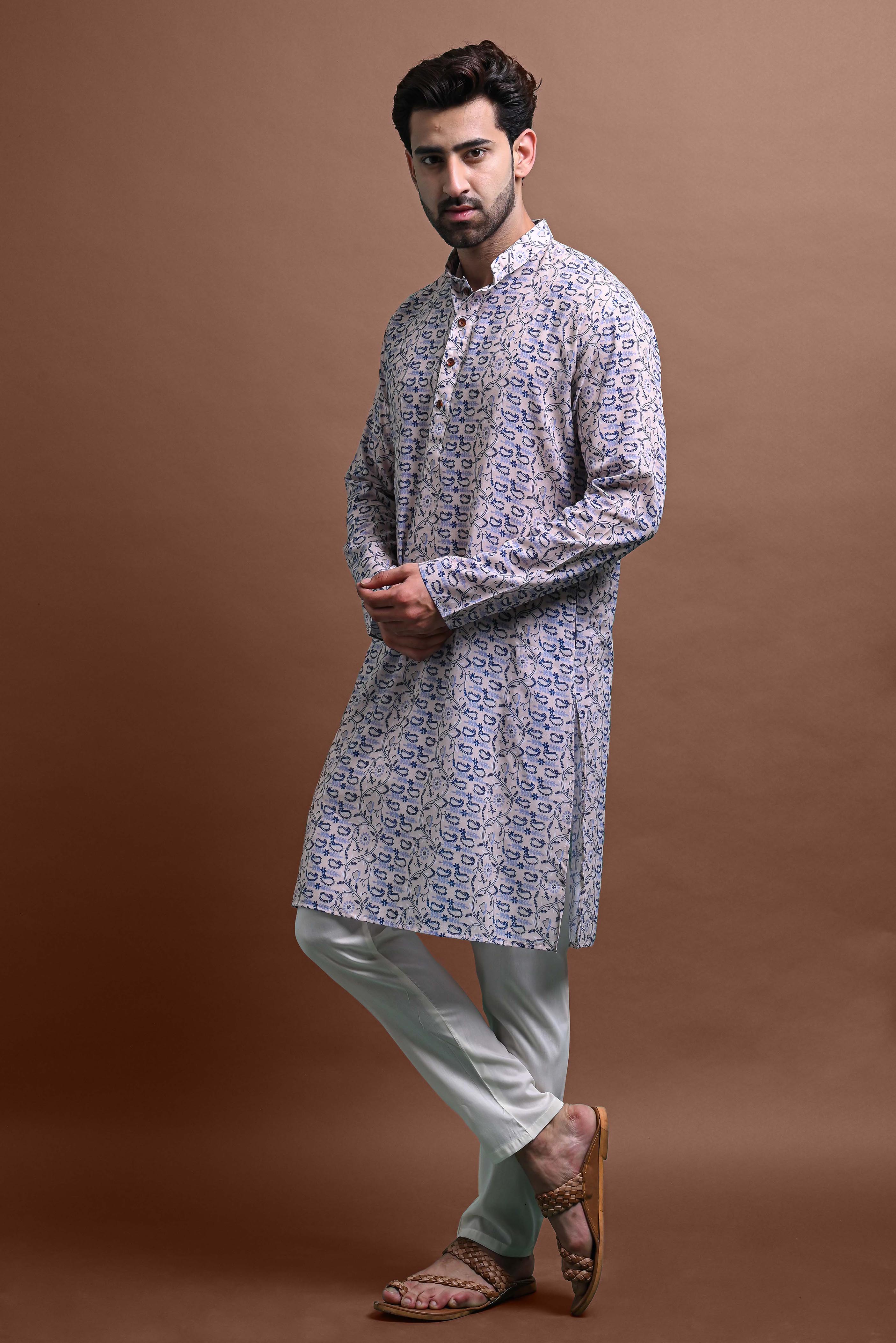 Beige Mens Printed Kurta Pajama For Men Vesham Retails