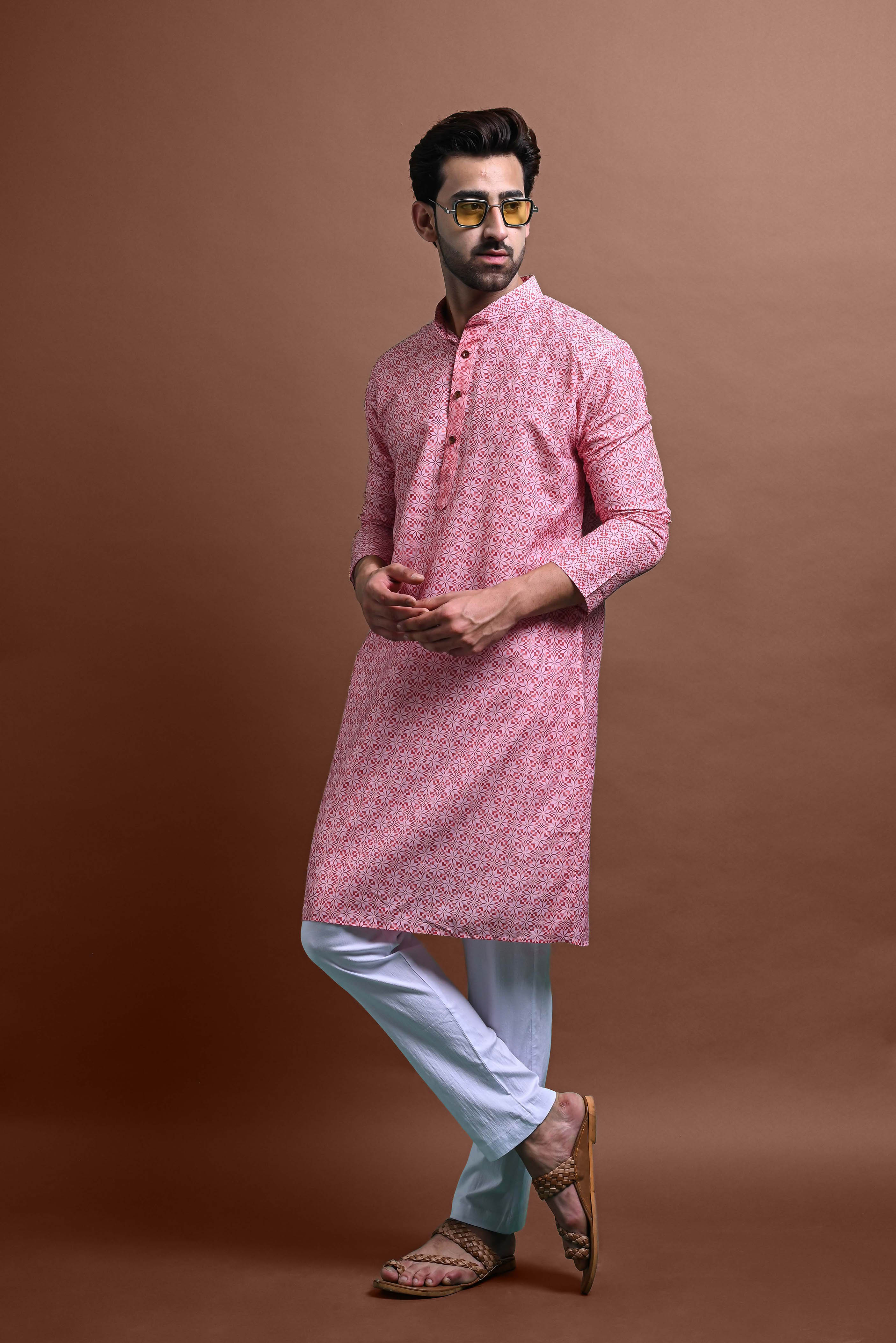 Pink Mens Printed Kurta Pajama For Men Vesham Retails