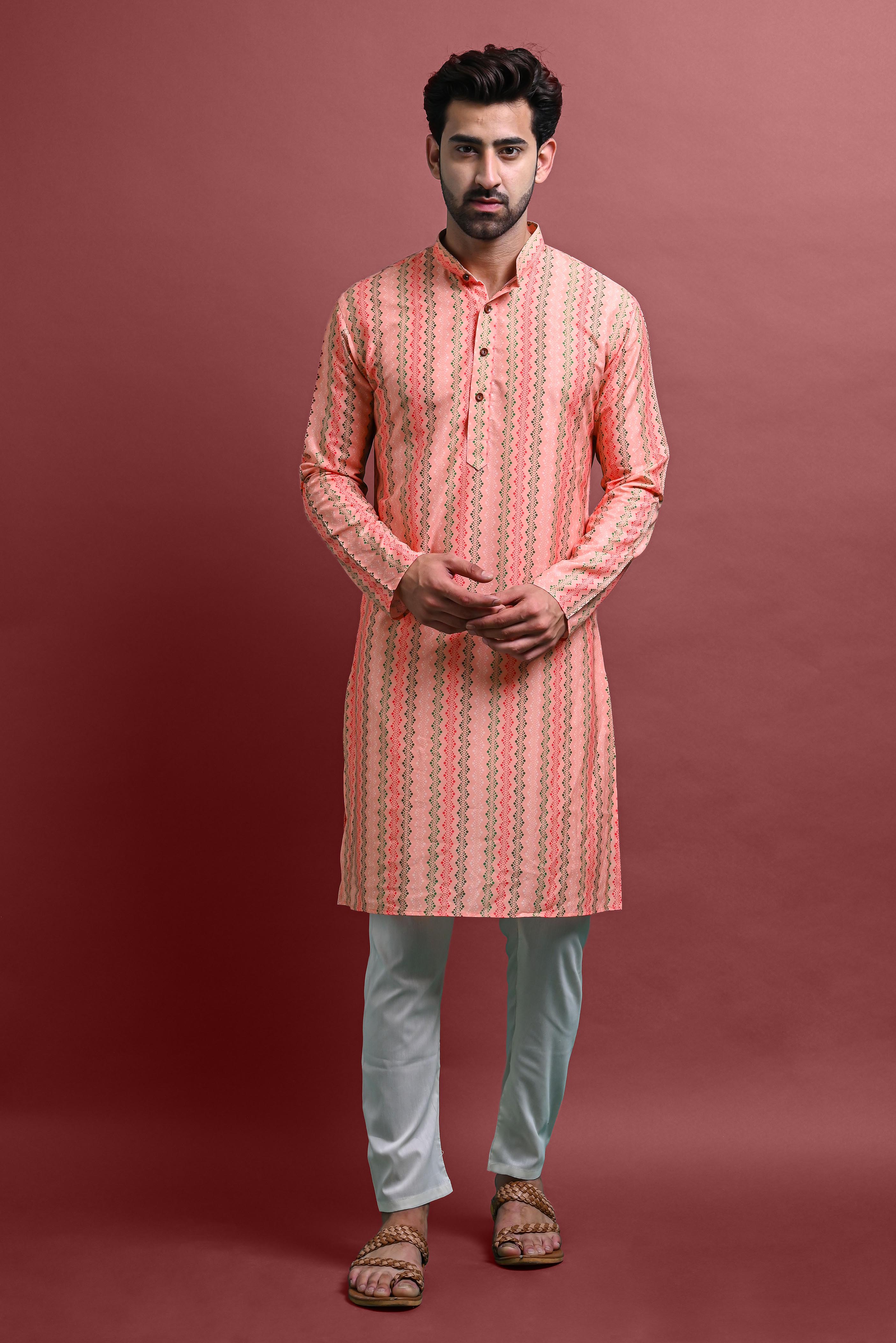 Orange Mens Printed Kurta Pajama For Men Vesham Retails