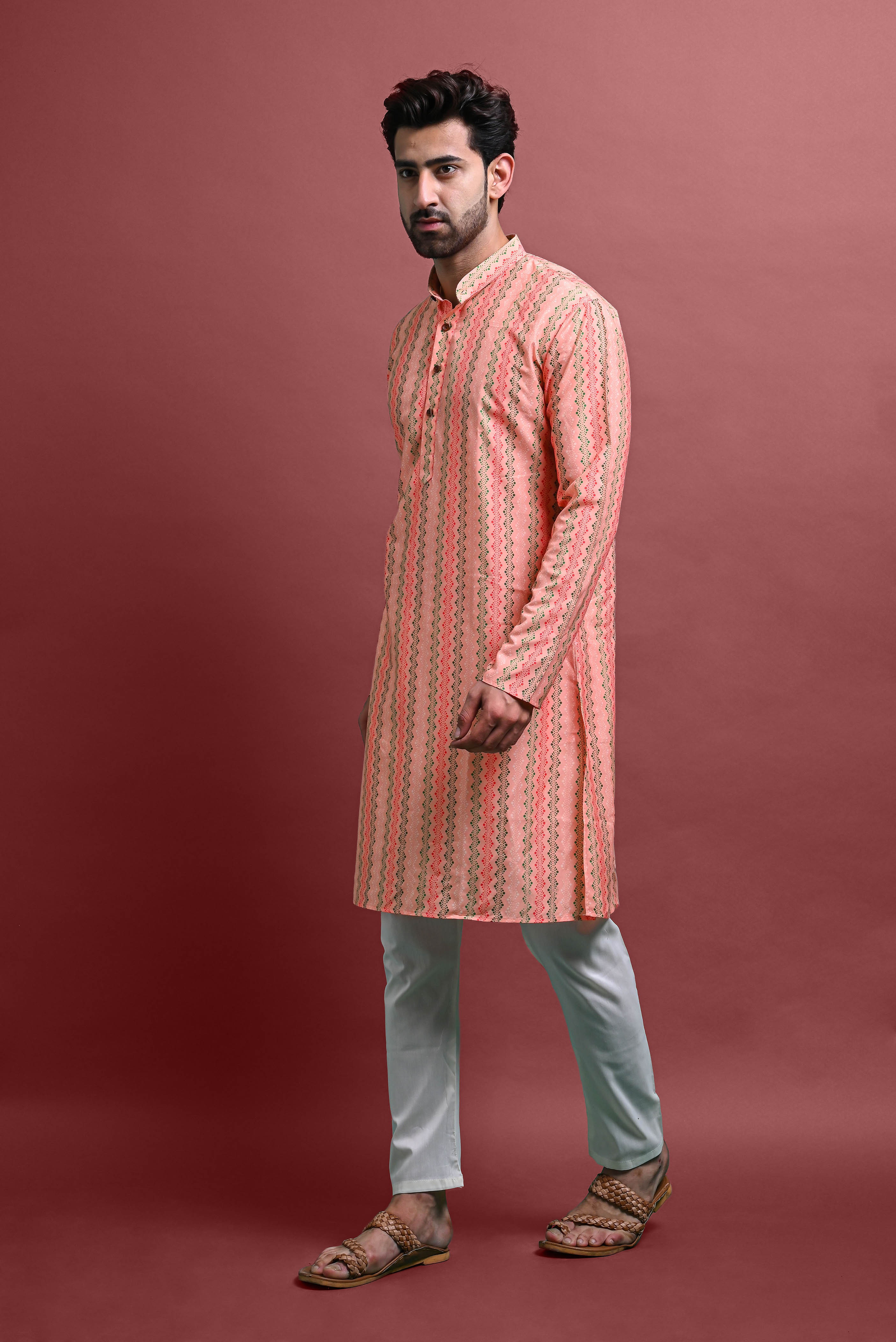 Orange Mens Printed Kurta Pajama For Men Vesham Retails