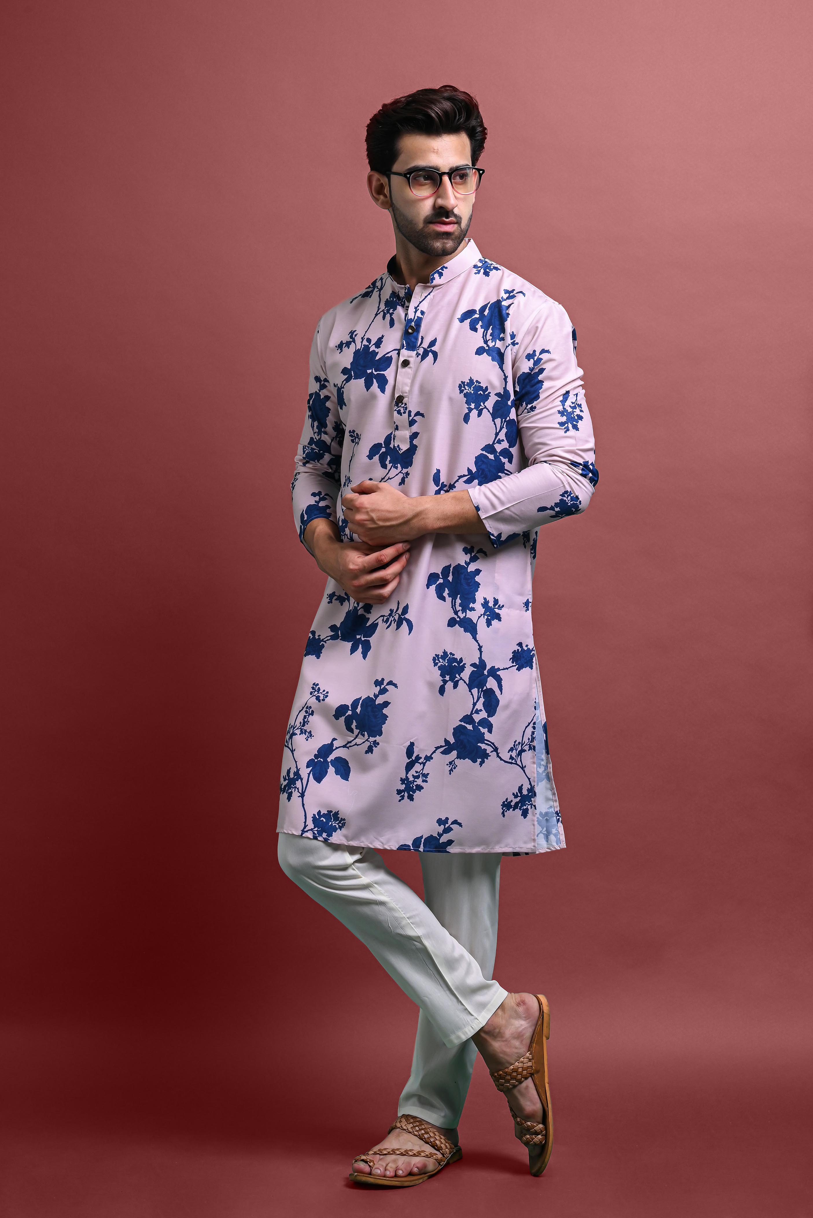 Blue Mens Printed Kurta Pajama For Men Vesham Retails