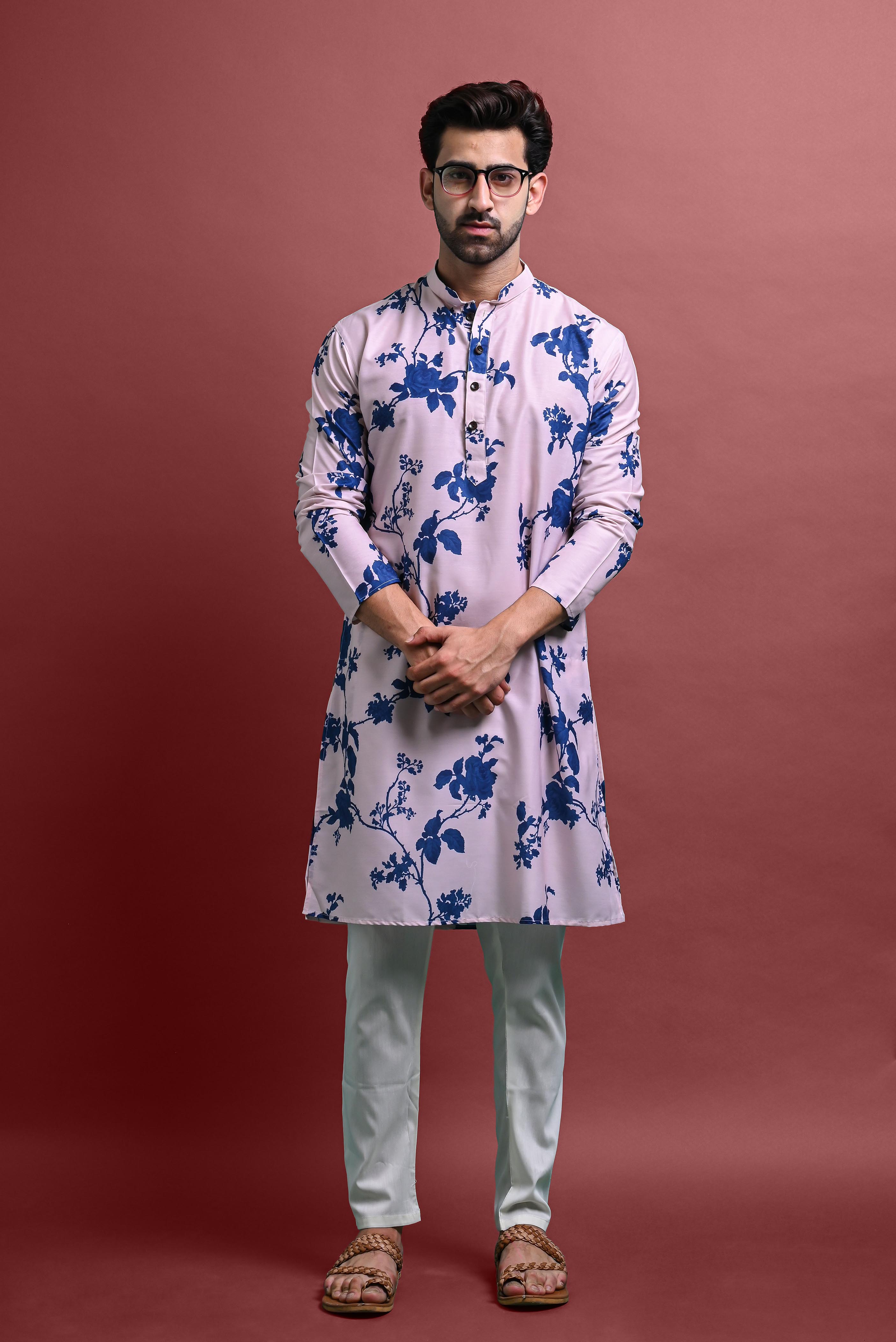 Blue Mens Printed Kurta Pajama For Men Vesham Retails