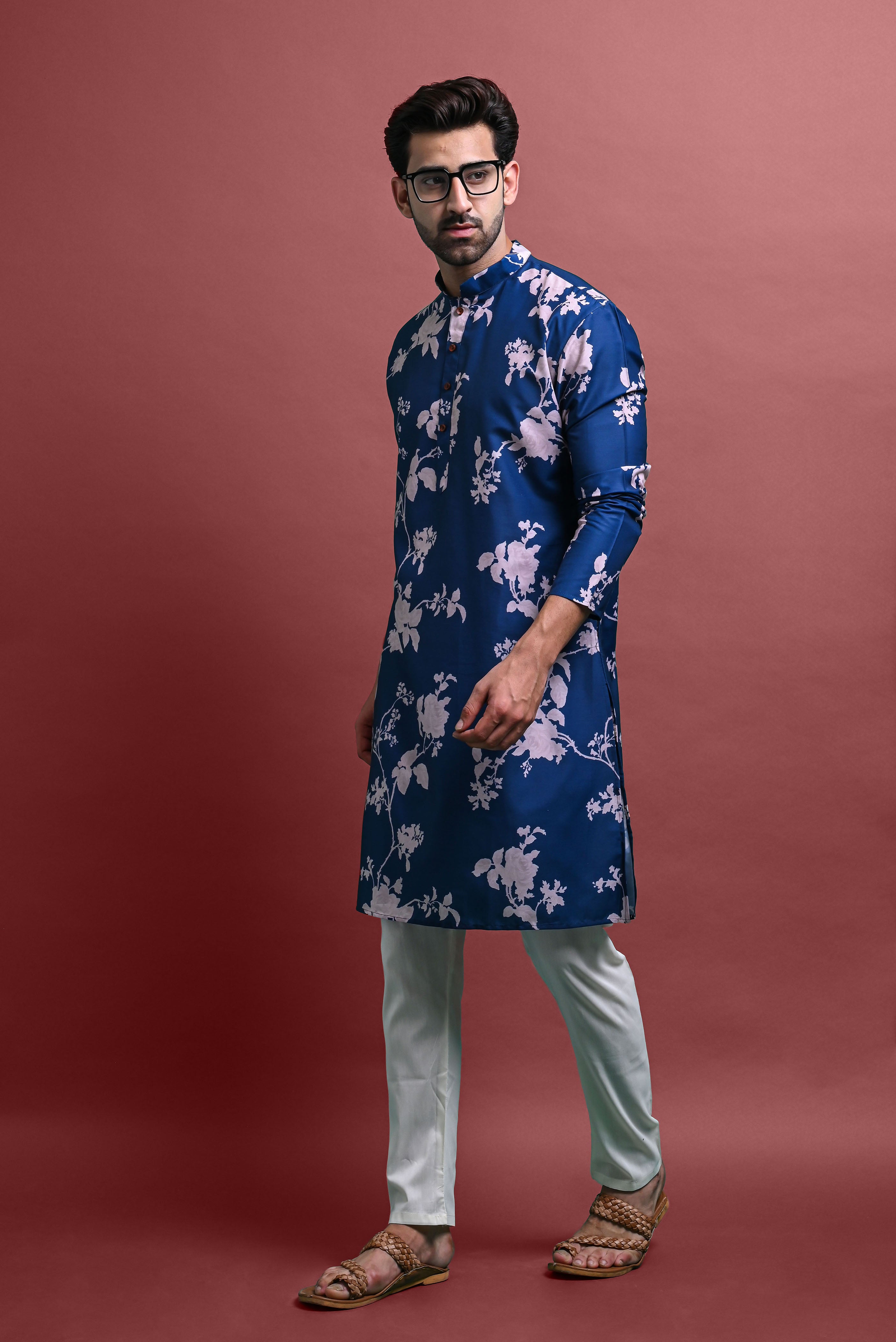 Cream Mens Printed Kurta Pajama For Men Vesham Retails