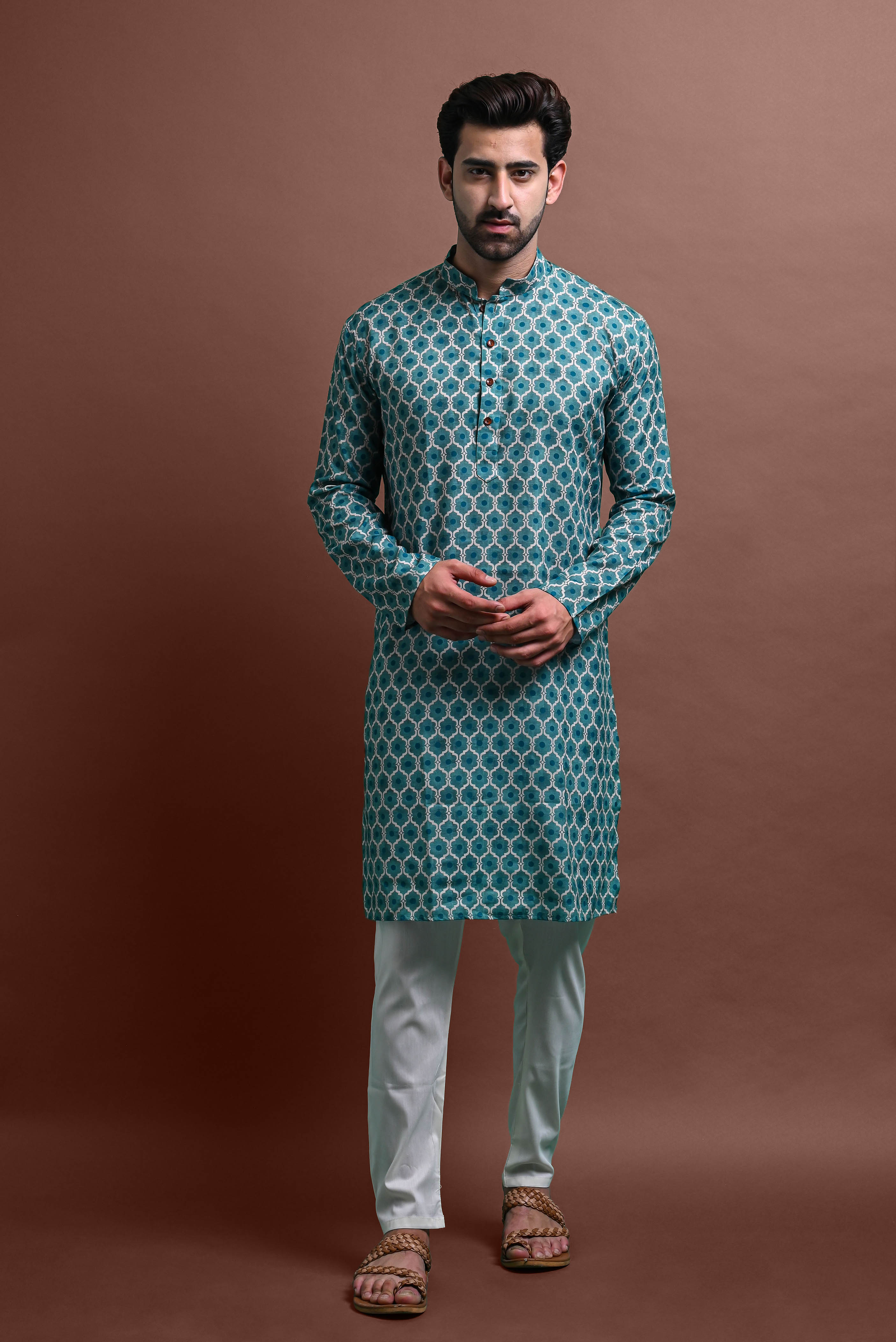 Green Mens Printed Kurta Pajama For Men Vesham Retails