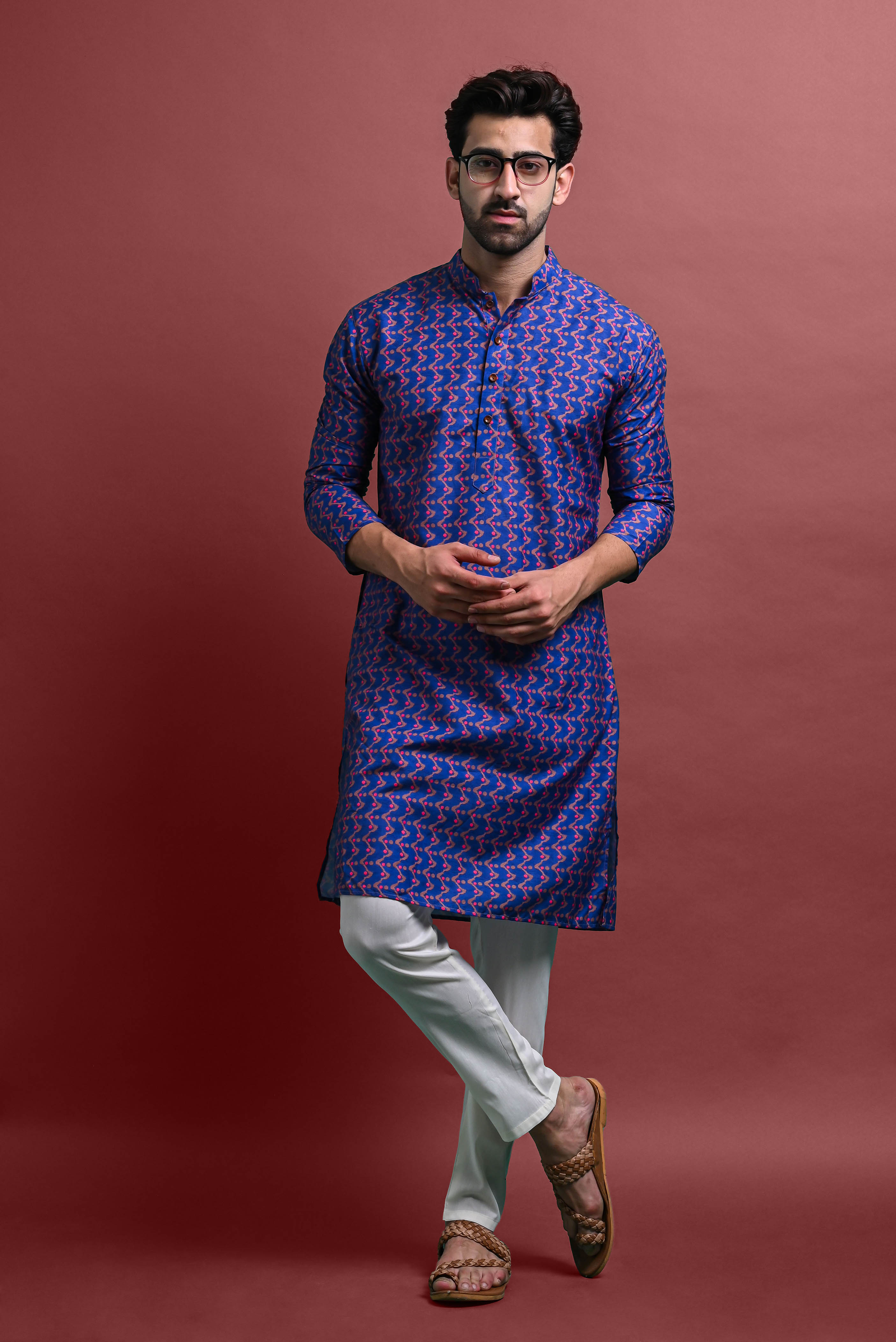 Blue Mens Printed Kurta Pajama For Men Vesham Retails