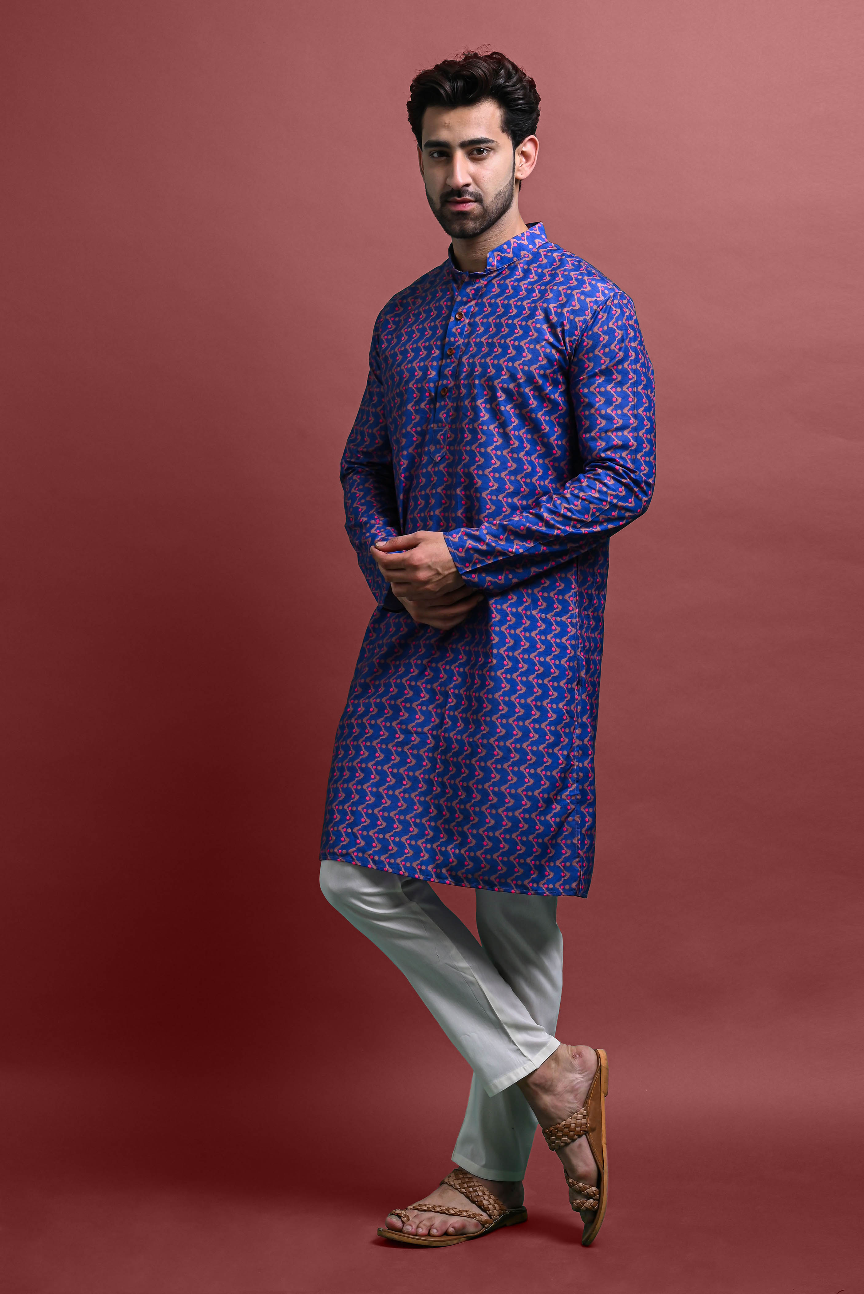 Blue Mens Printed Kurta Pajama For Men Vesham Retails