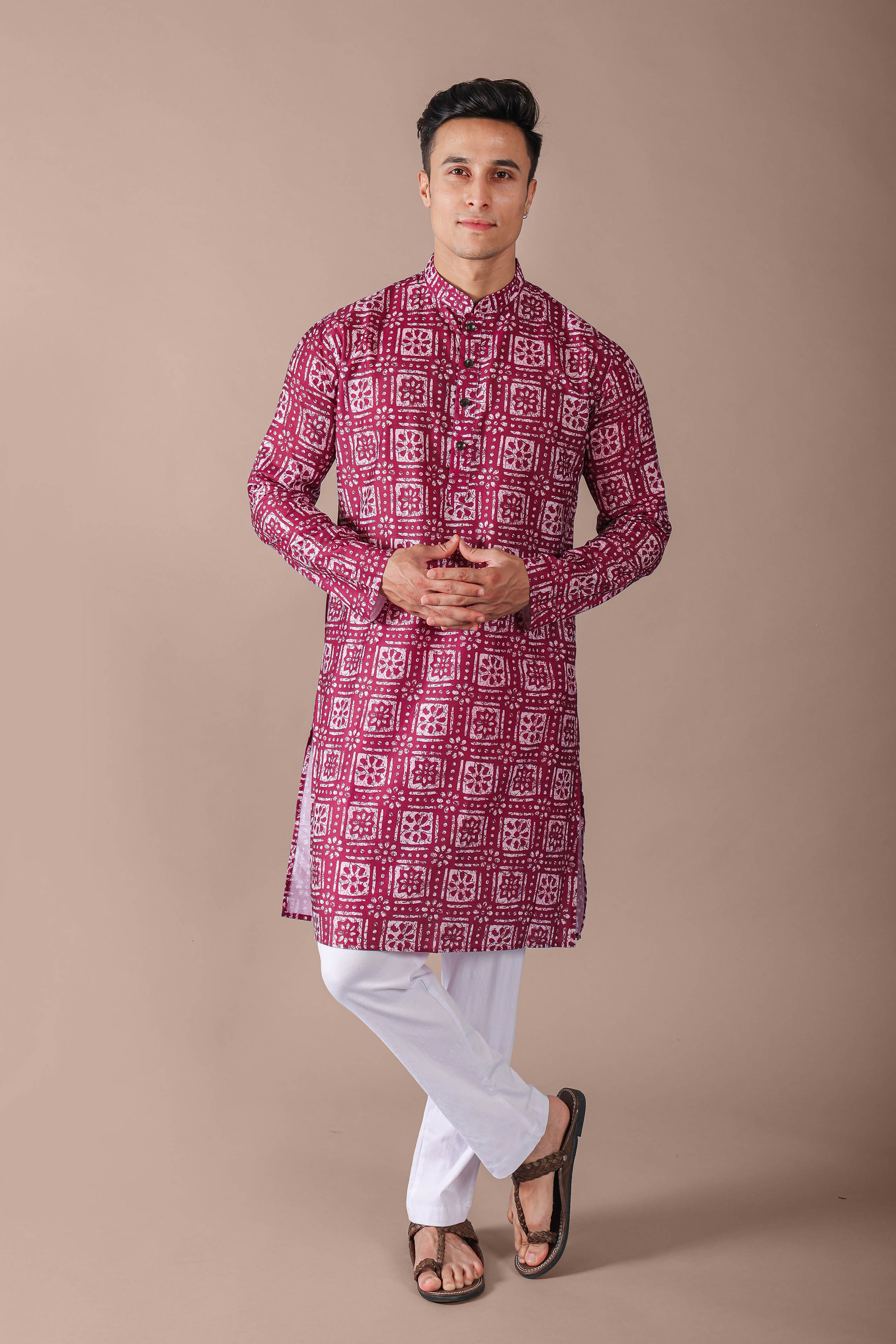 Maroon Mens Printed Kurta Pajama For Men Vesham Retails