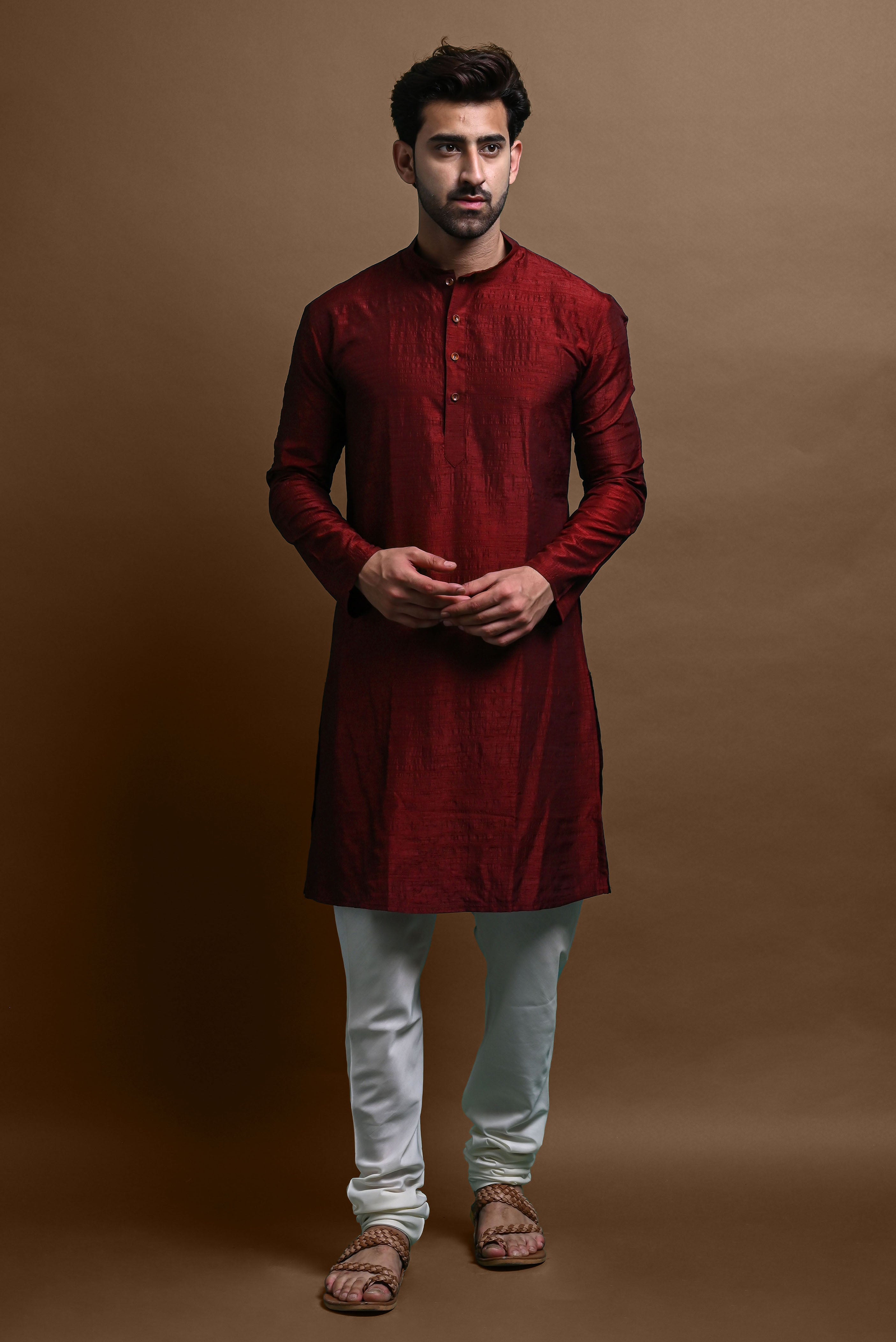 Maroon Solid Kurta With Pajama Set For Men Vesham Retails