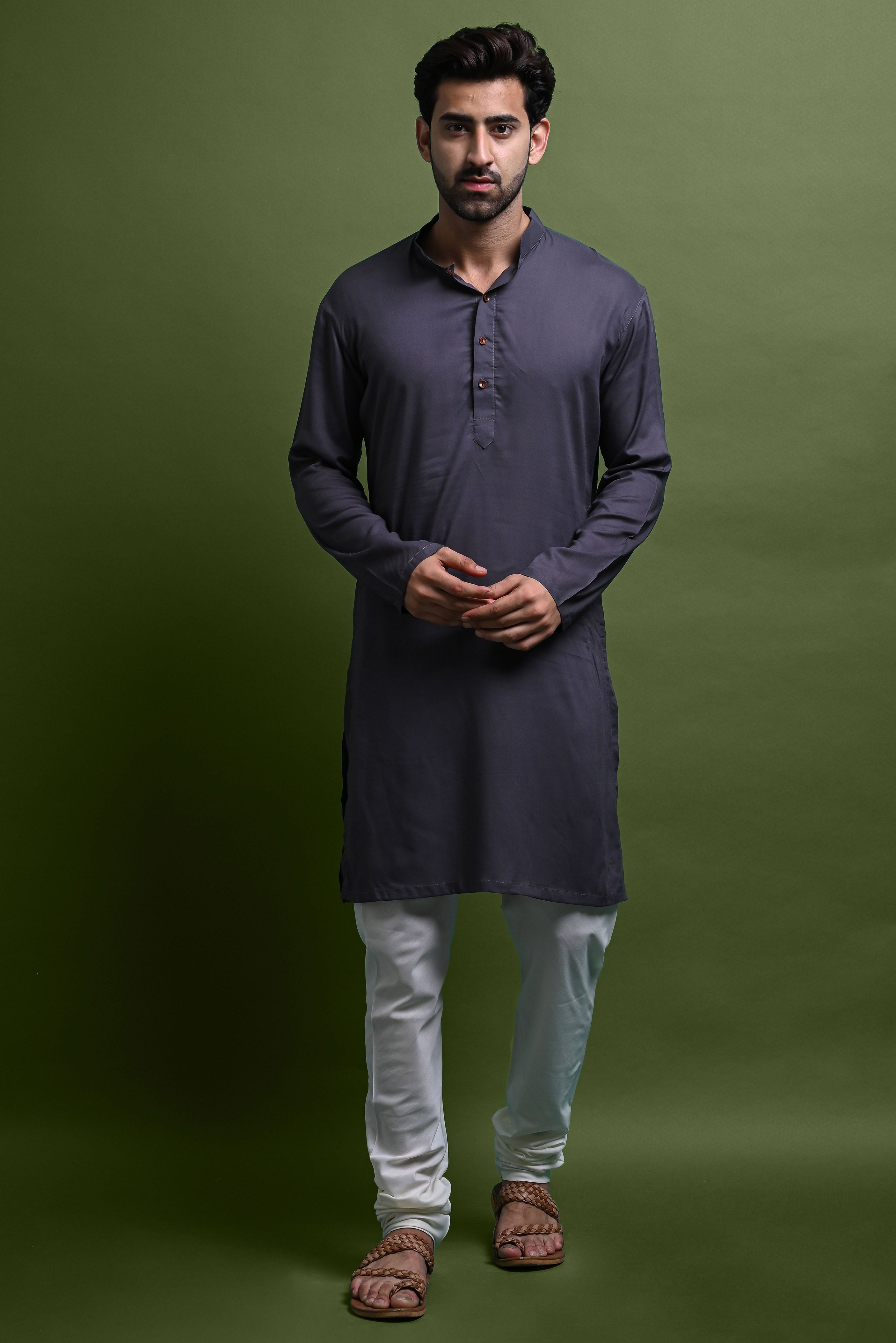 Grey Solid Kurta With Pajama Set For Men Vesham Retails