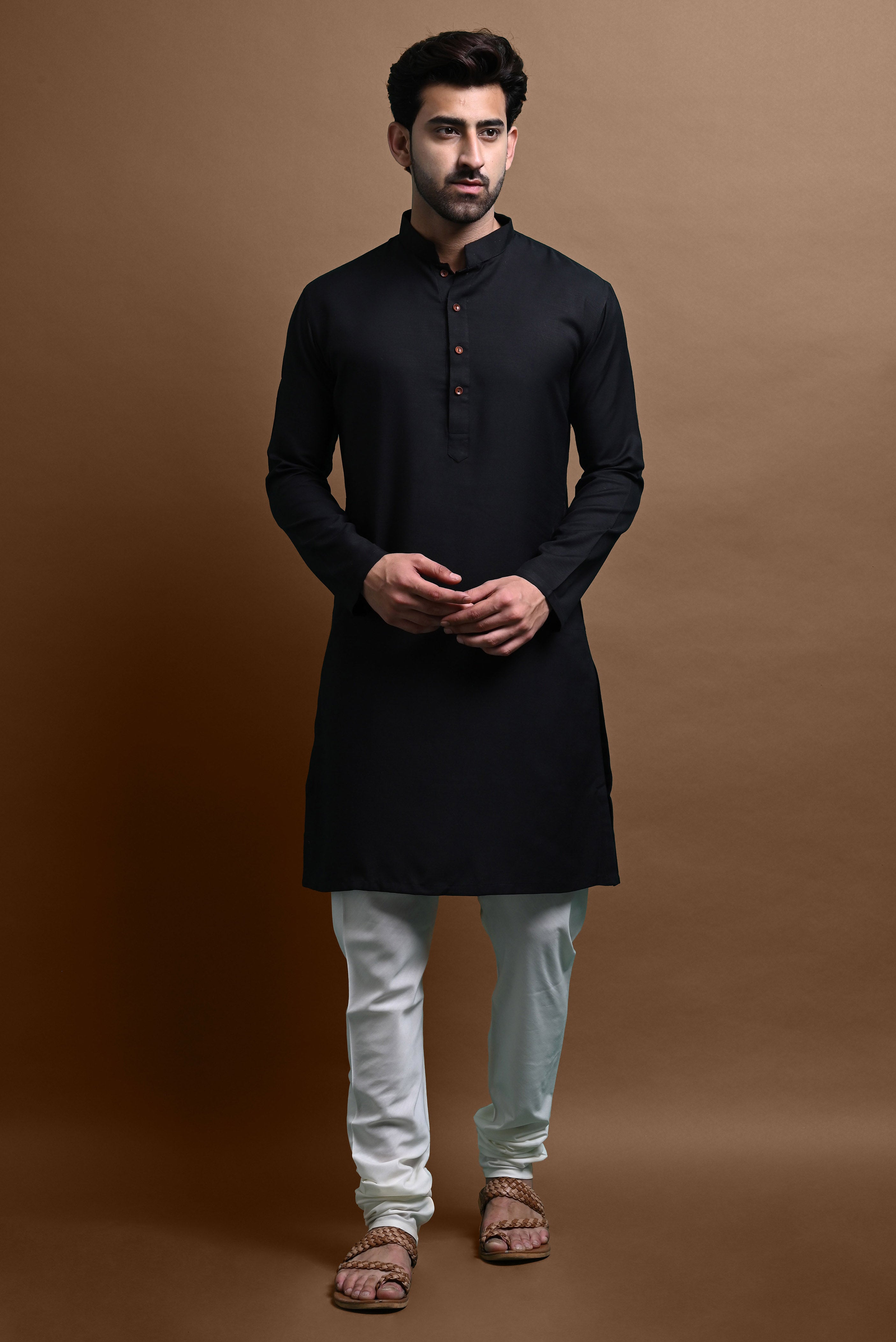 Black Solid Kurta With Pajama Set For Men Vesham Retails