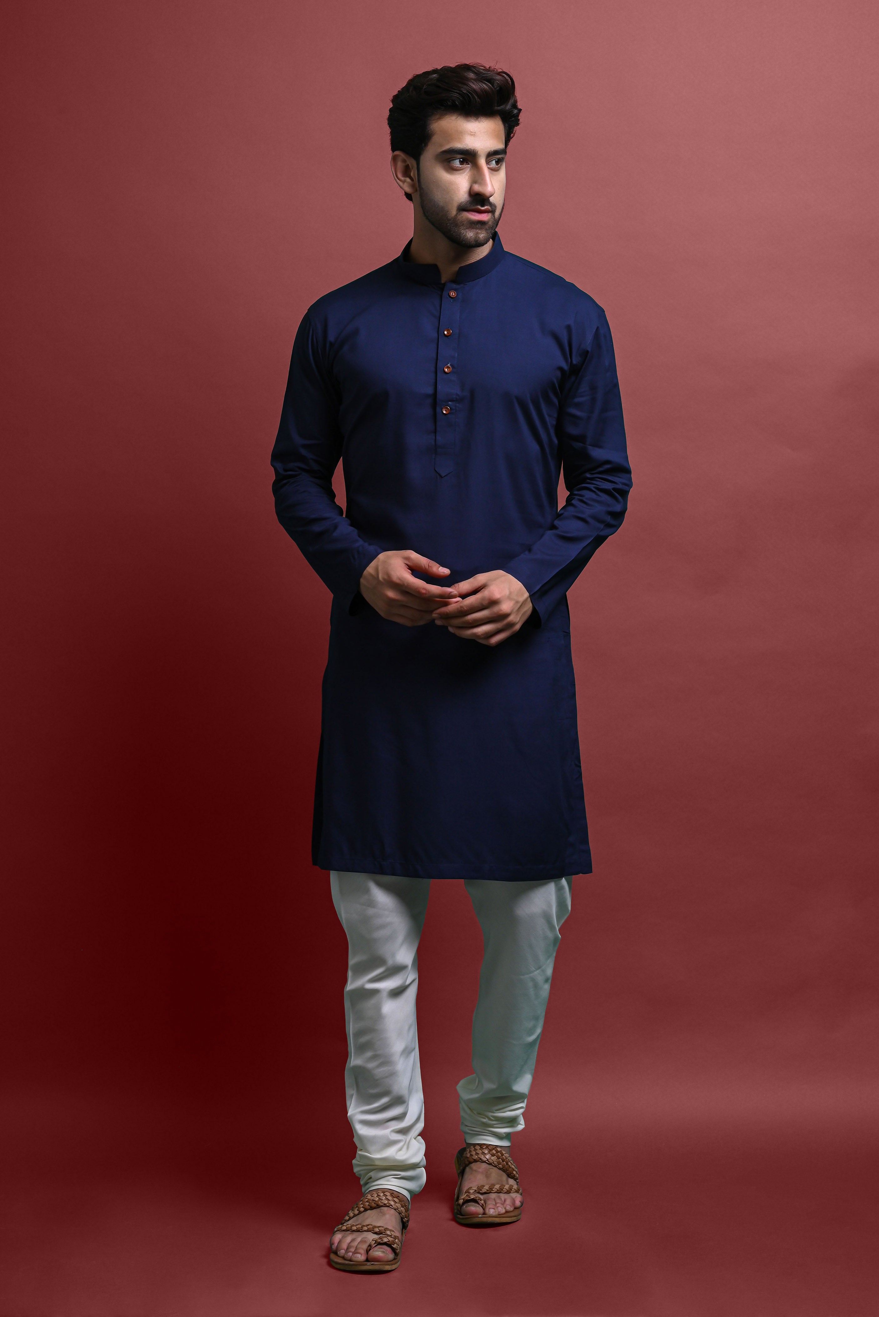 Navy Blue Solid Kurta With Pajama Set For Men Vesham Retails