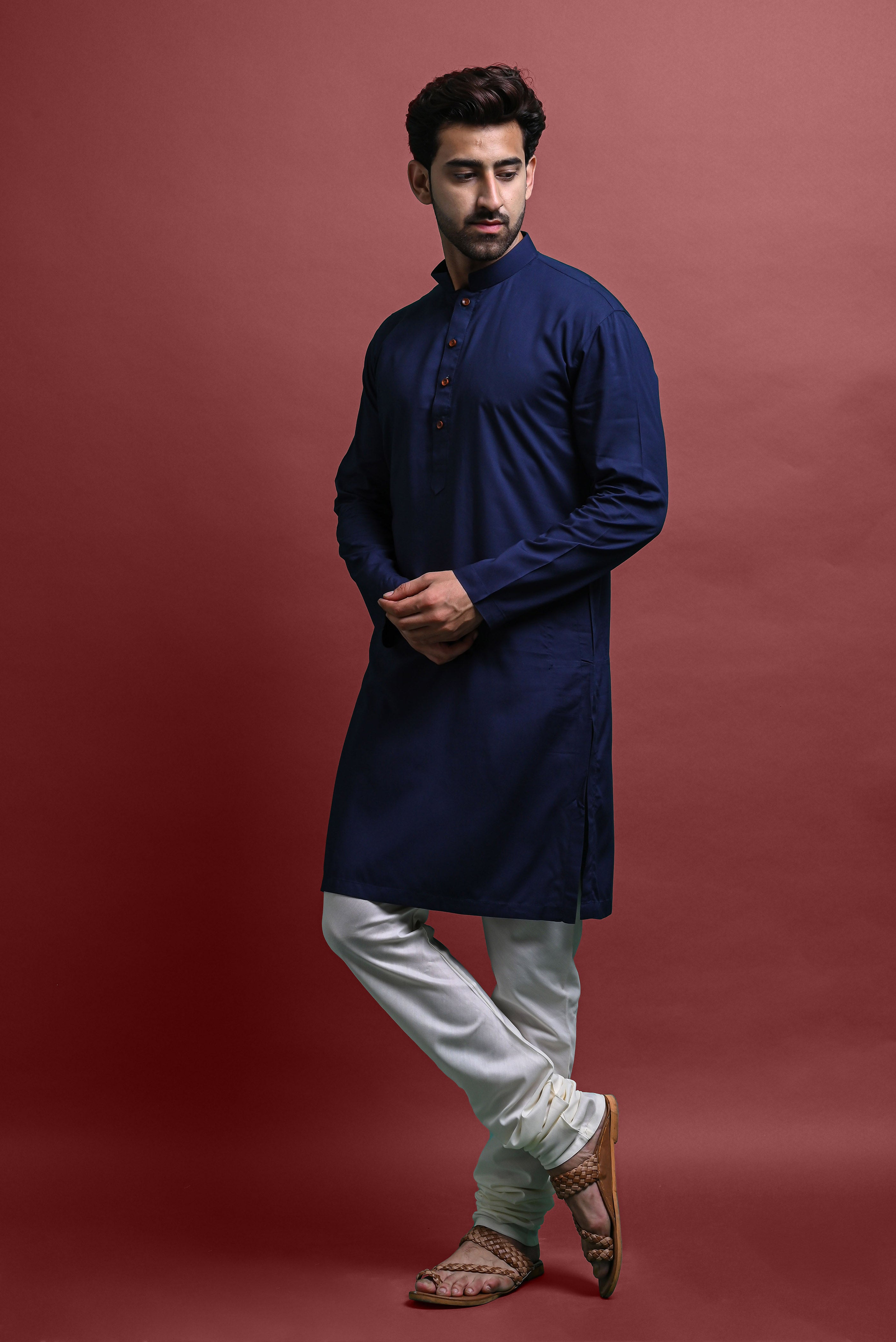 Navy Blue Solid Kurta With Pajama Set For Men Vesham Retails