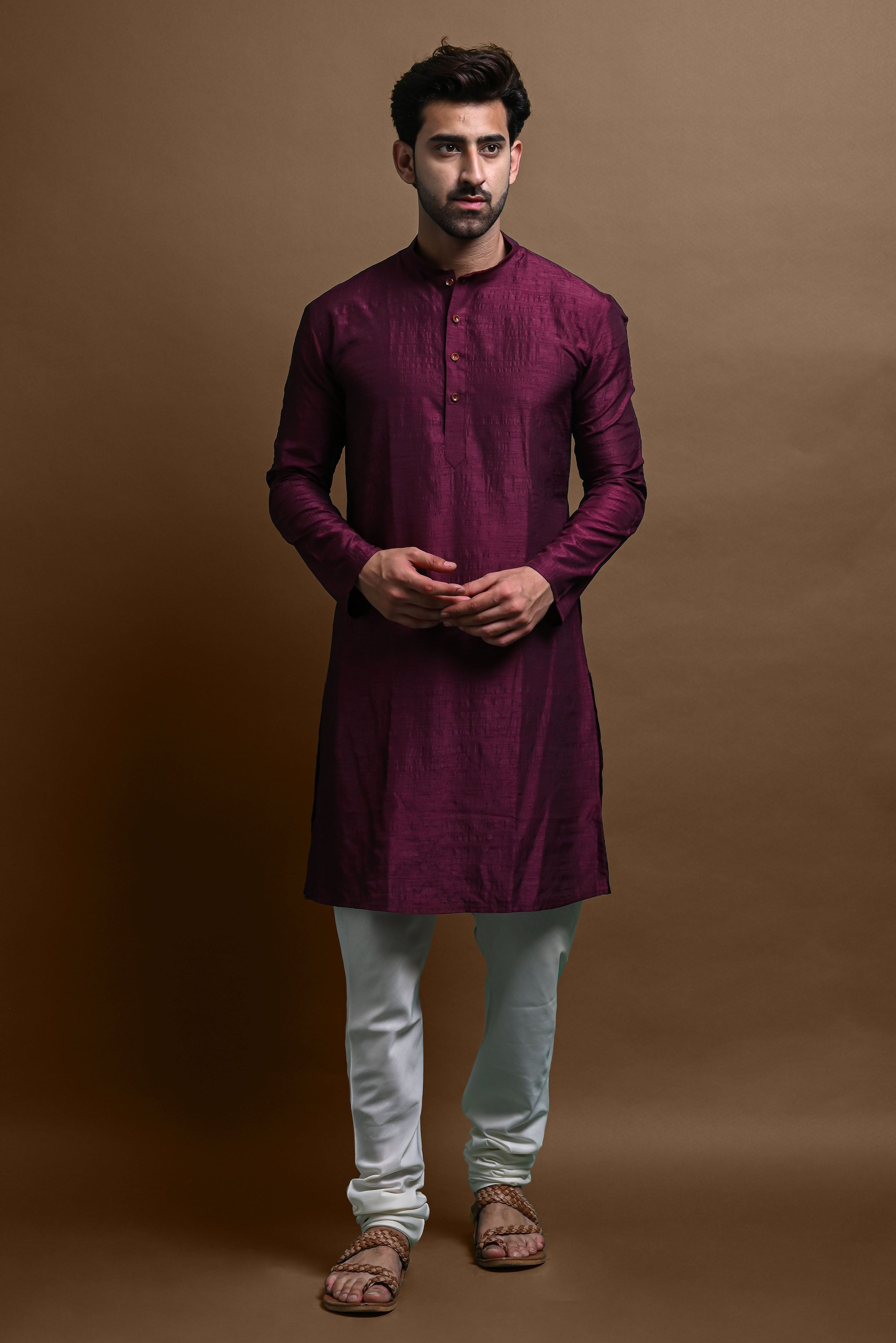 Burgundy Solid Kurta With Pajama Set For Men Vesham Retails