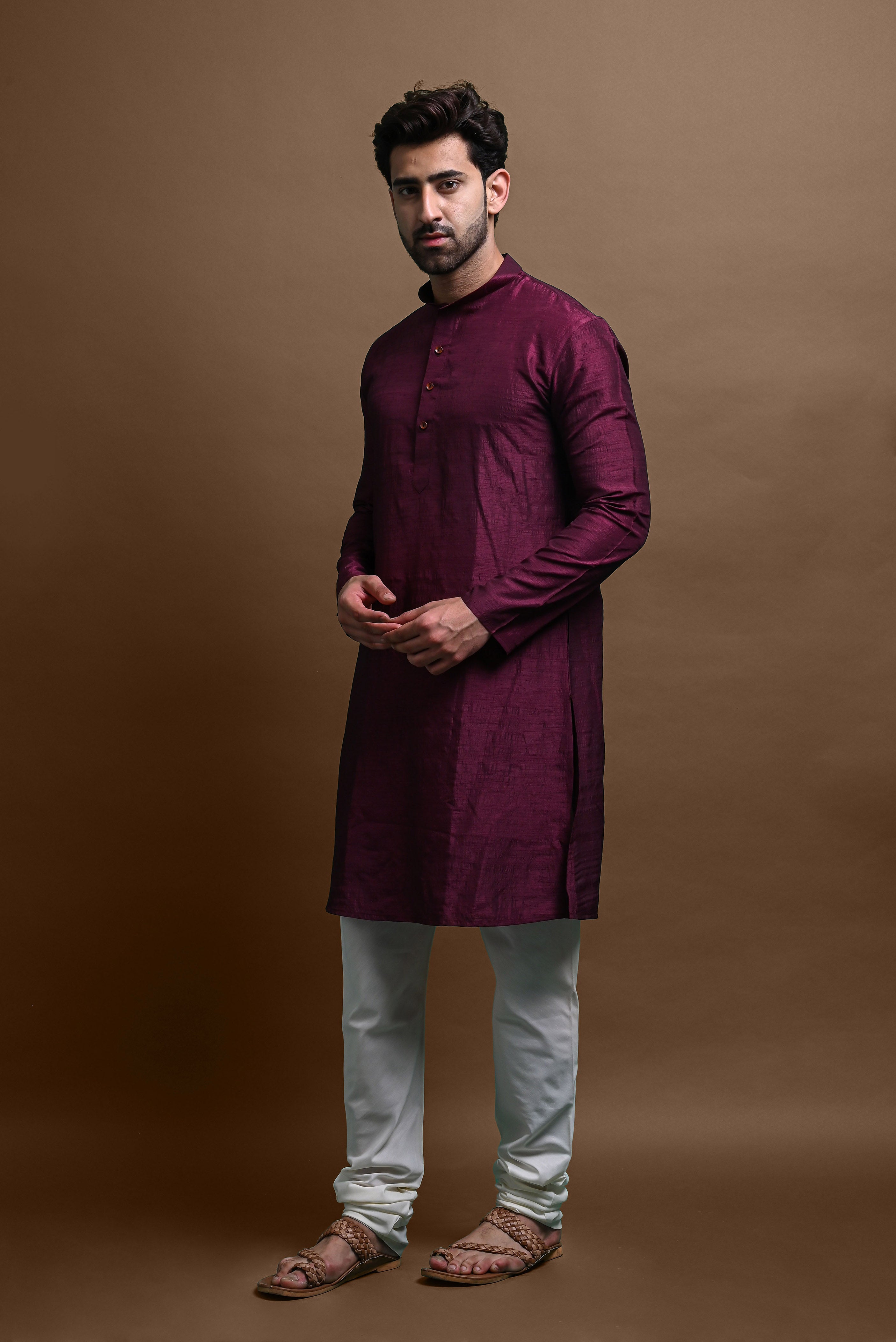 Burgundy Solid Kurta With Pajama Set For Men Vesham Retails