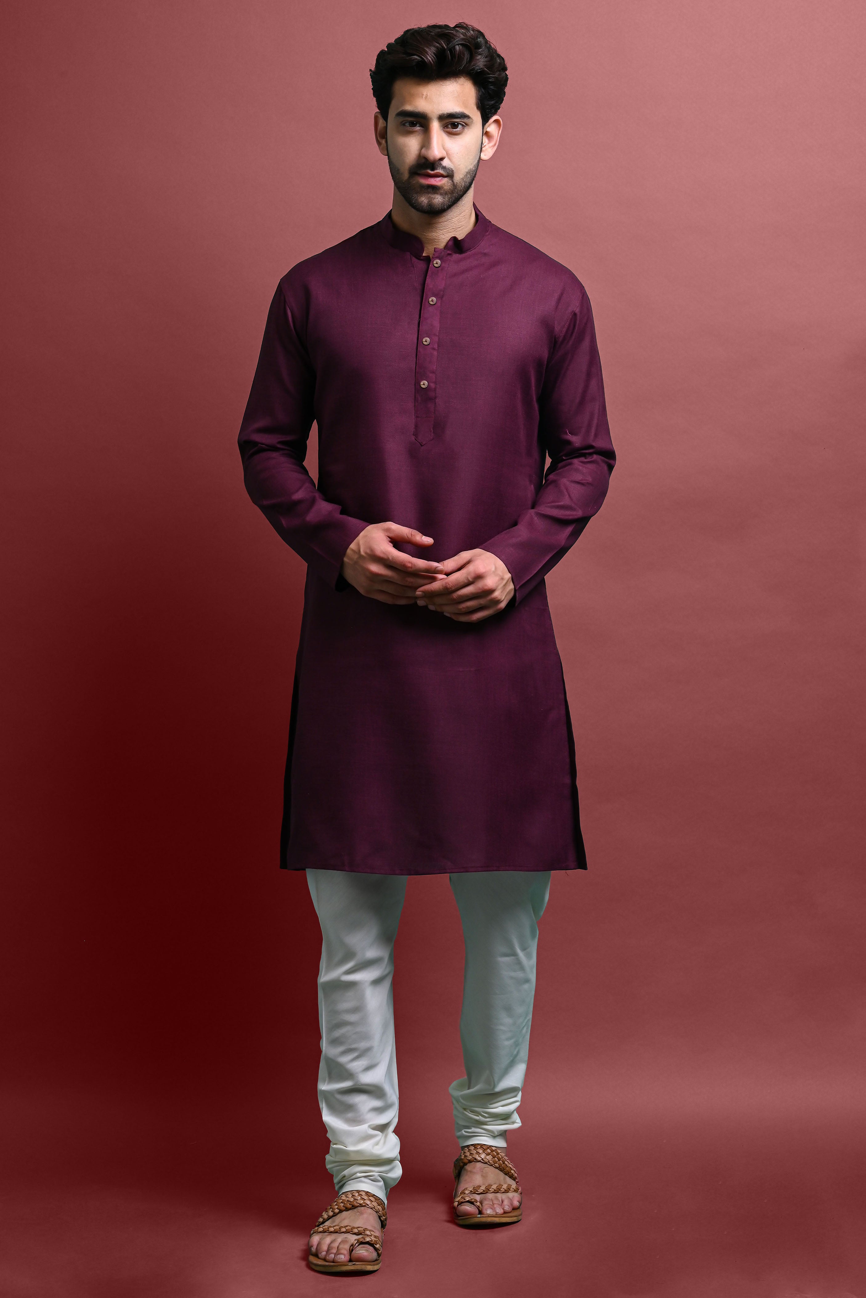 Burgundy Solid Kurta With Pajama Set For Men Vesham Retails