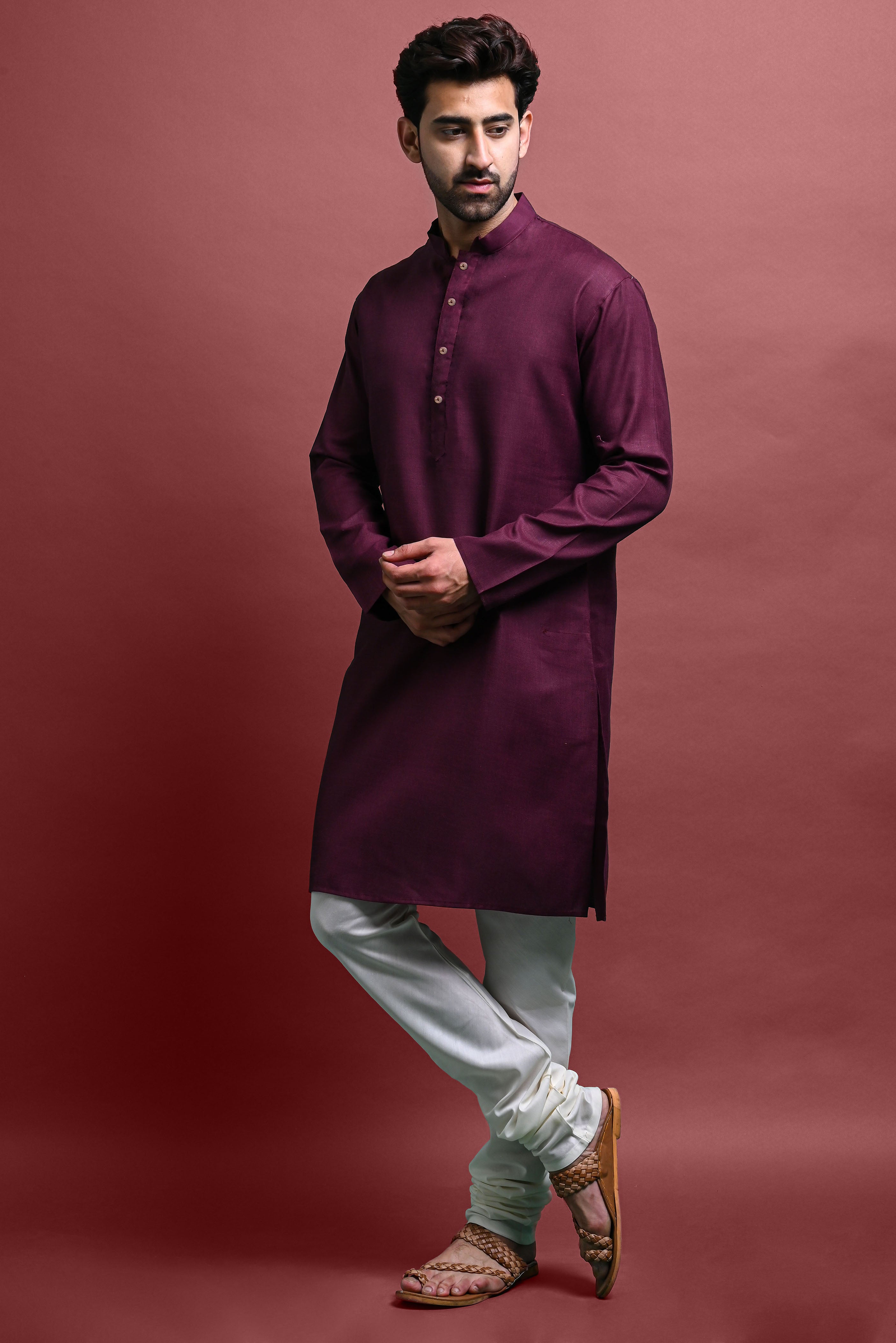 Burgundy Solid Kurta With Pajama Set For Men Vesham Retails